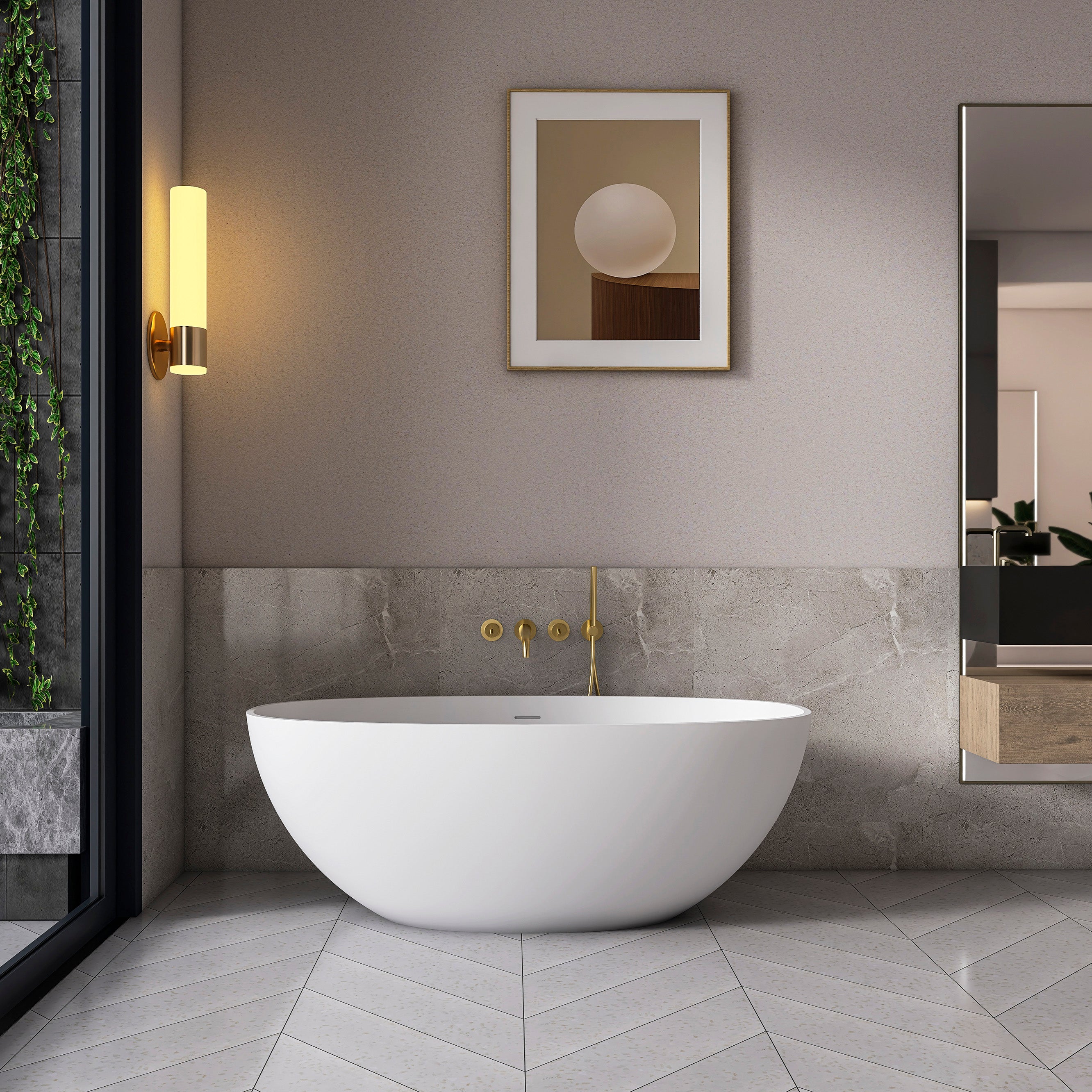 61 inch solid surface freestanding bathtub in white, full side view