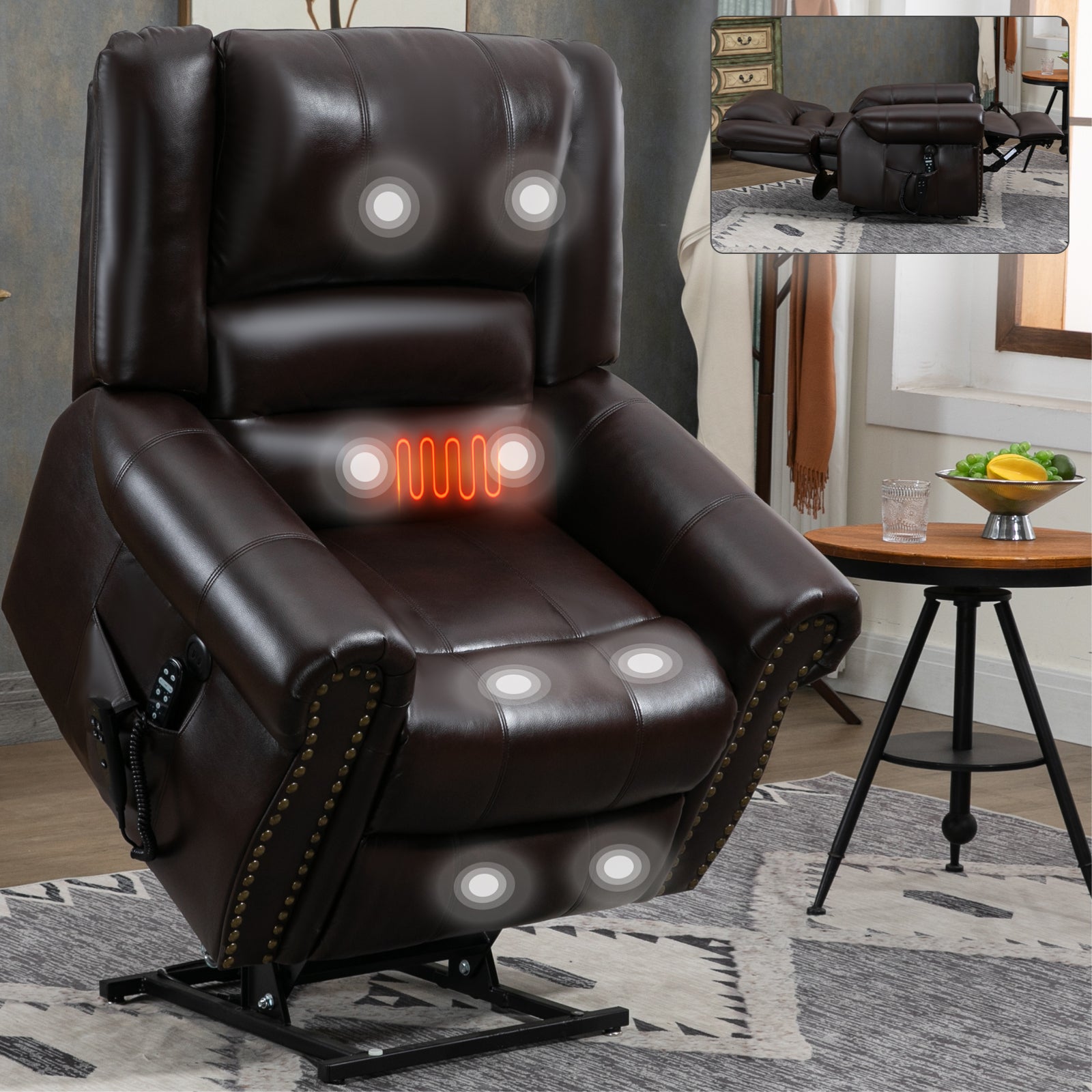 Power Lift Recliner Chair Heat Massage Dual Motor Infinite Position Up to 350 LBS, Faux Leather, Heavy Duty Motion Mechanism with USB Ports, Brown