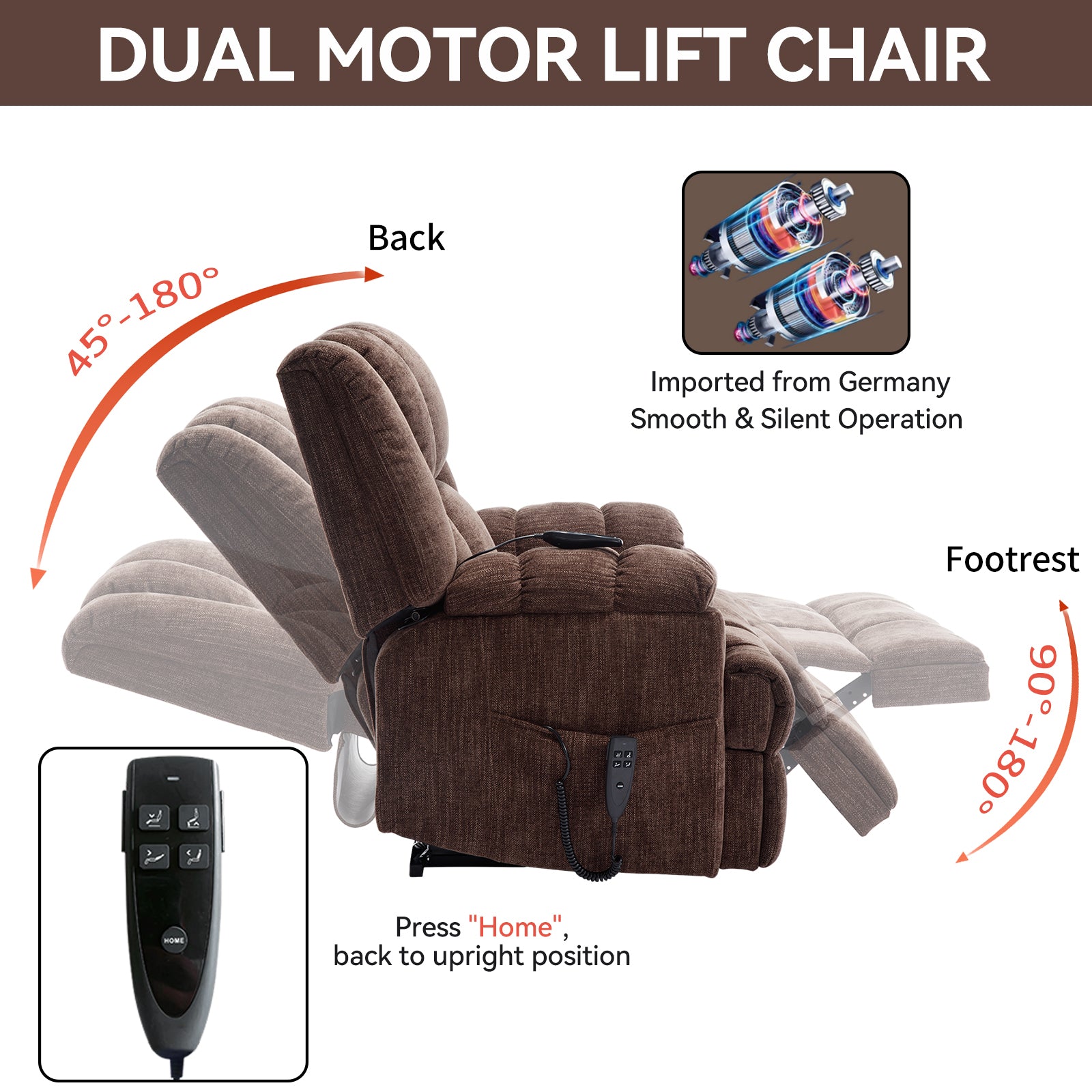 Dual Motor Heat Massage Infinite Position Up to 350 LBS Electric Power Lift Recliners with Power-Remote, Medium-firm and Heavy Duty, Brown