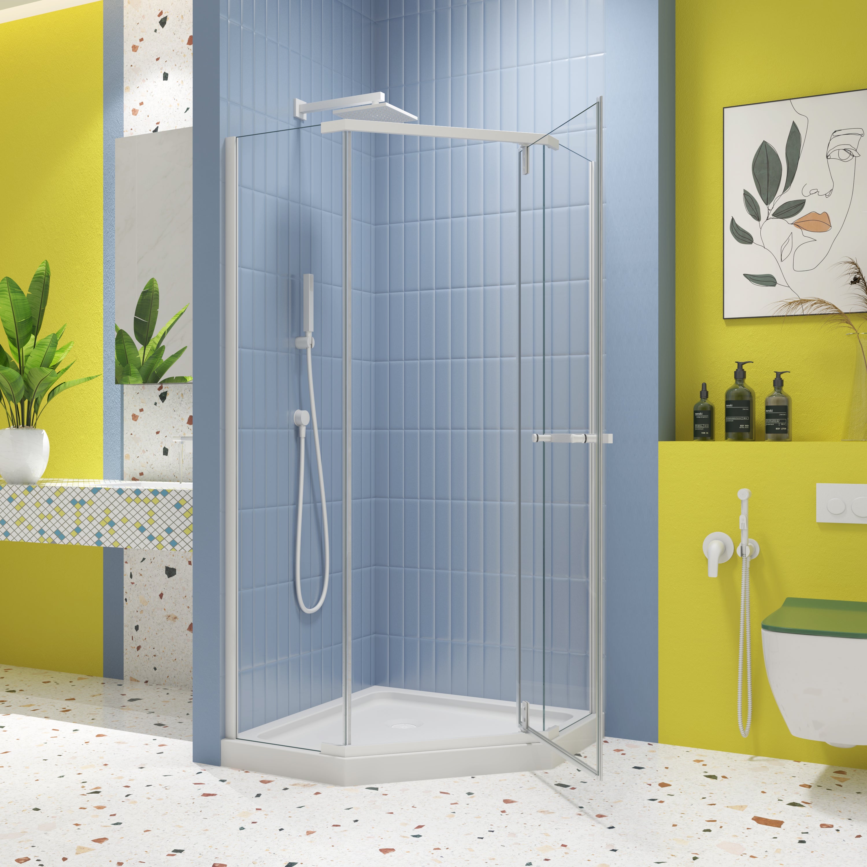 34.75 x 72 in neo-angle pivot shower enclosure matte white installed view