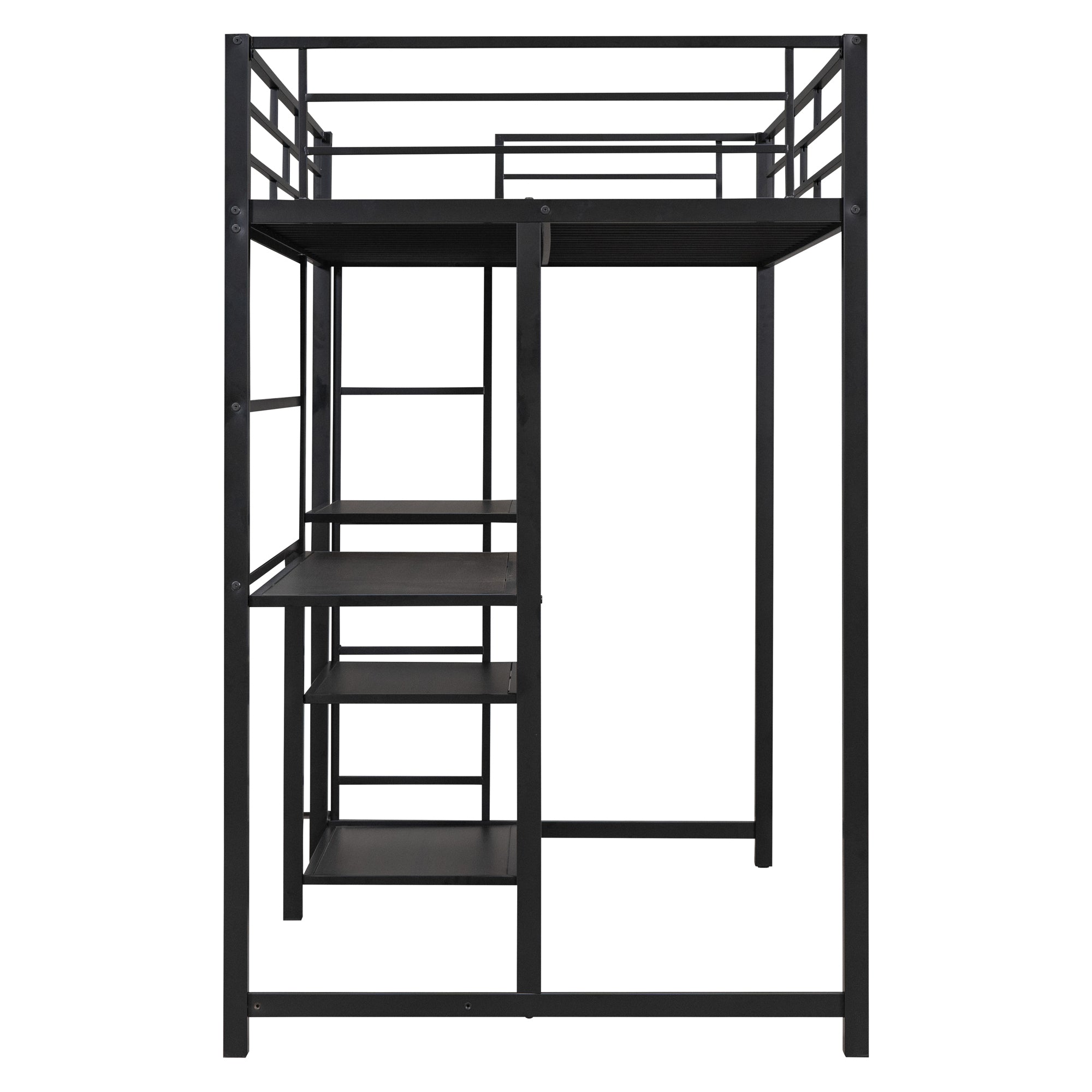 Twin Size Loft Bed with Desk and Whiteboard, Metal Loft Bed with 3 Shelves and Ladder, Black