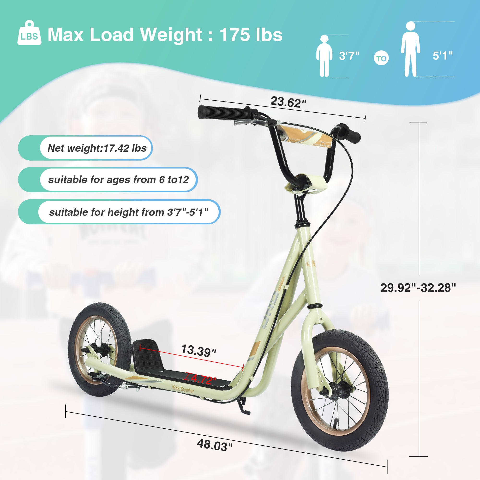 Youth Scooter Kick Scooter for Kids 6+ with Adjustable Handlebar, 12 Inch Inflatable Wheels ,Widened non-slip Footboard