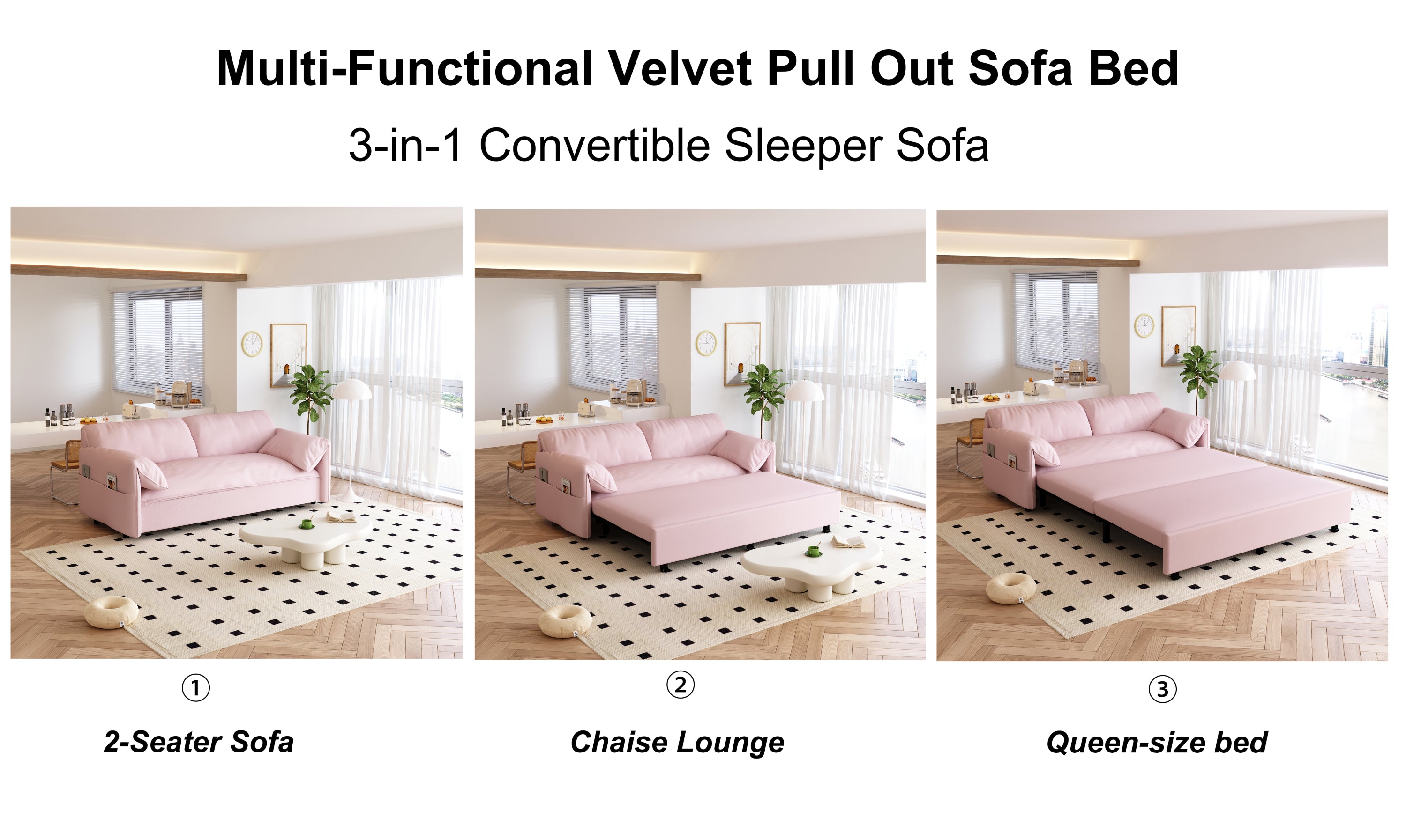 63.8" Queen Pull Out Sofa Bed, 3-in-1 Convertible Sleeper Sofa with Side Storage,Multi-Functional Velvet Loveseat Bed for Living Room,Bedroom,Apartment,Office,Pink