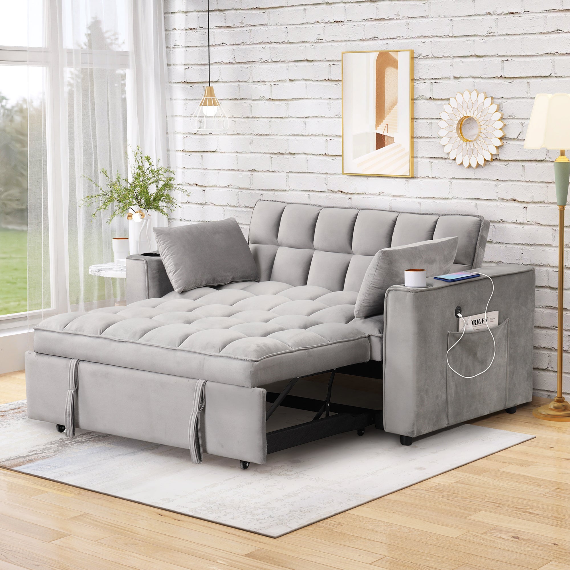 58" 4-1 Multi-functional Sofa Bed with Cup Holder and USB Port for Living Room or Apartments, Gray