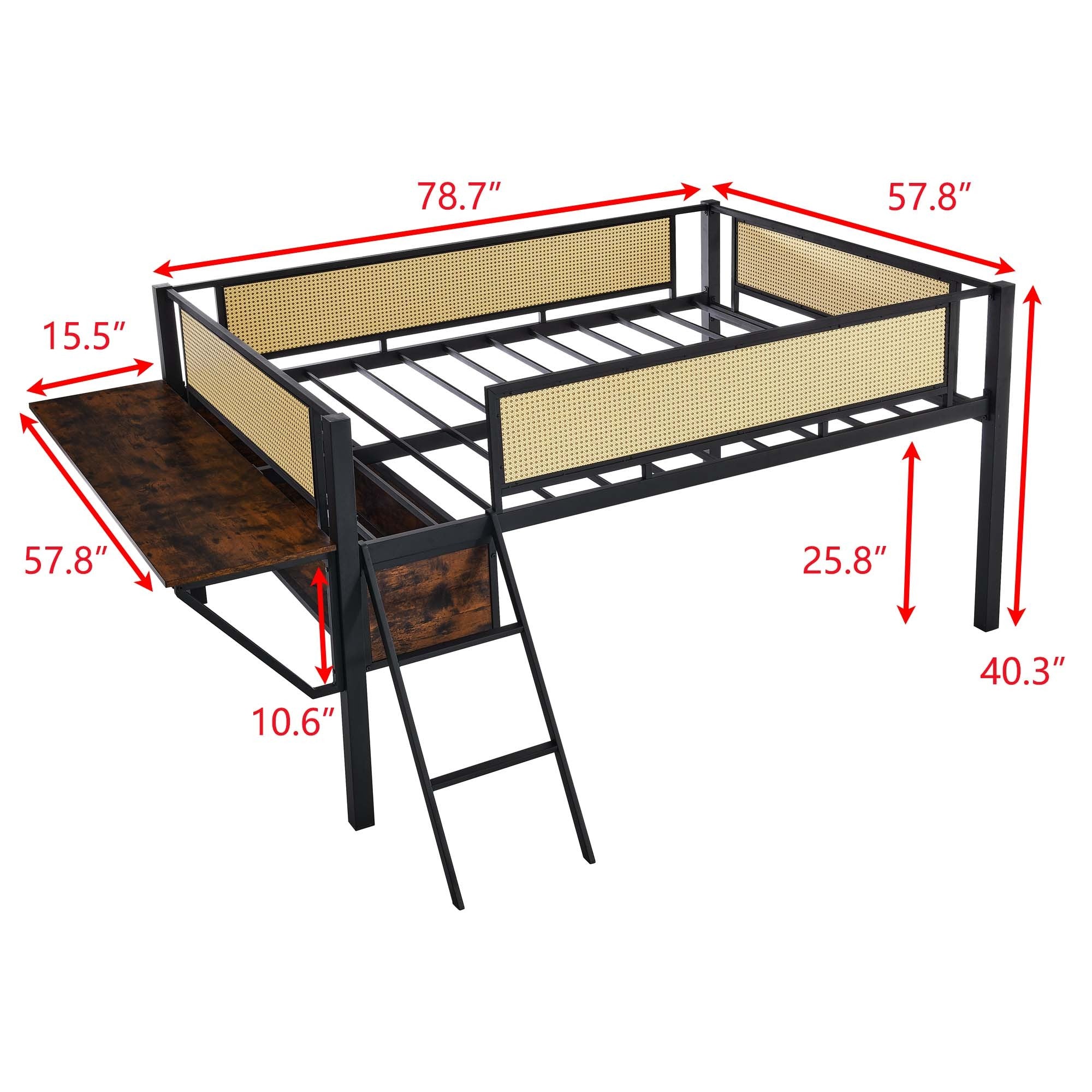 Single metal loft bed with rectangular desk, LED lights, LED loft bed frame double bed with storage shelves and hanging storage compartments, safety guard and ladder, no box springs required, rattan g