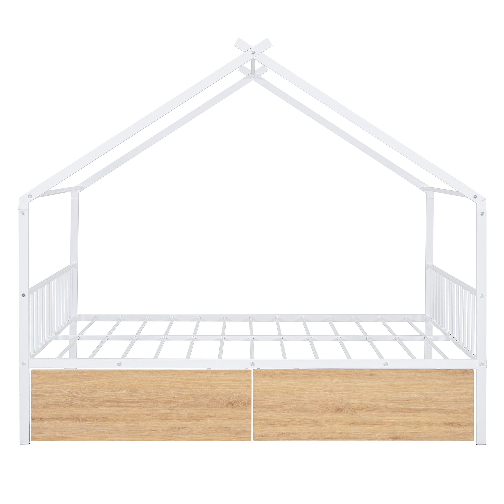 Full Size Metal House Bed with Two Drawers, White