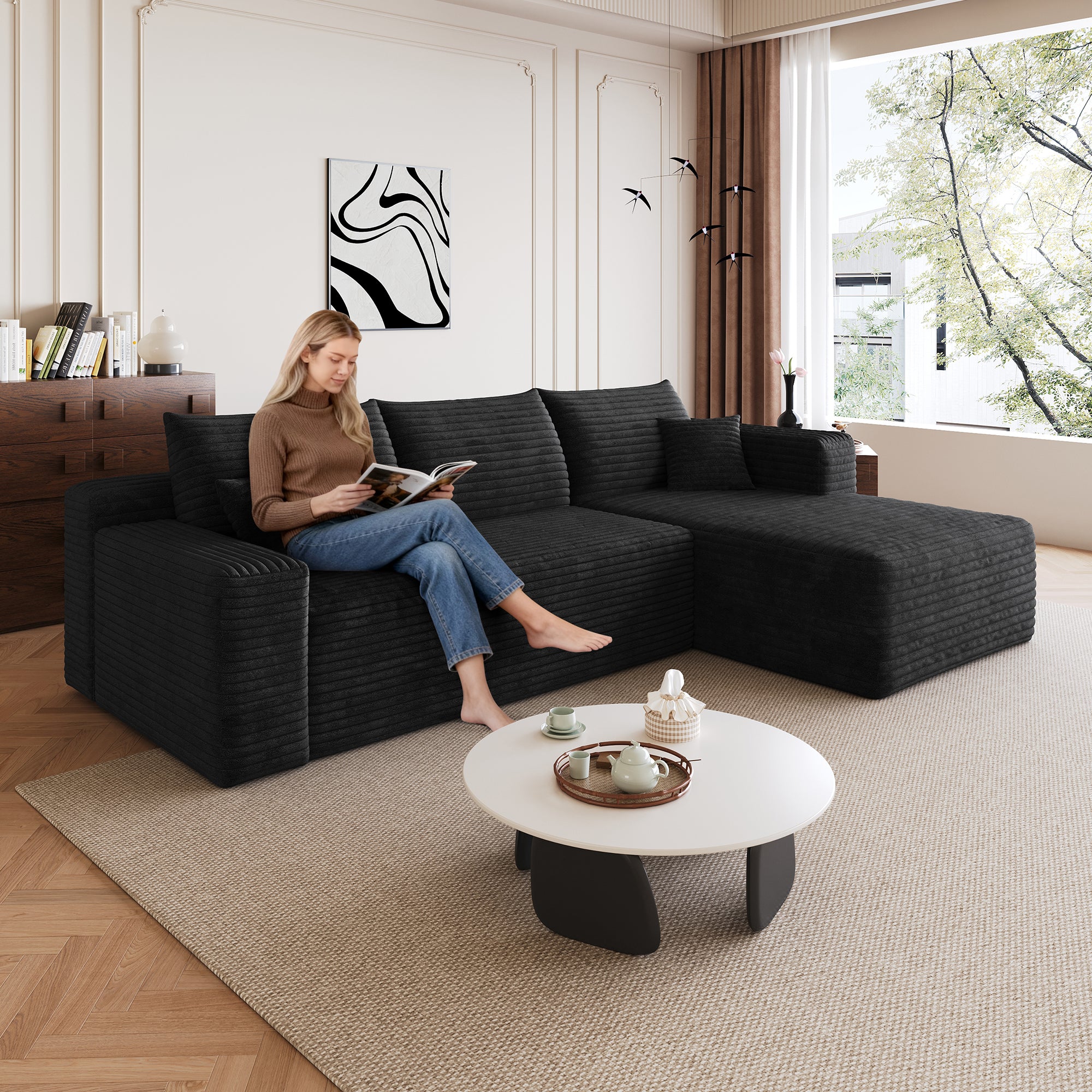 Black corduroy U-shaped cloud sectional sofa, 95 inch, front view