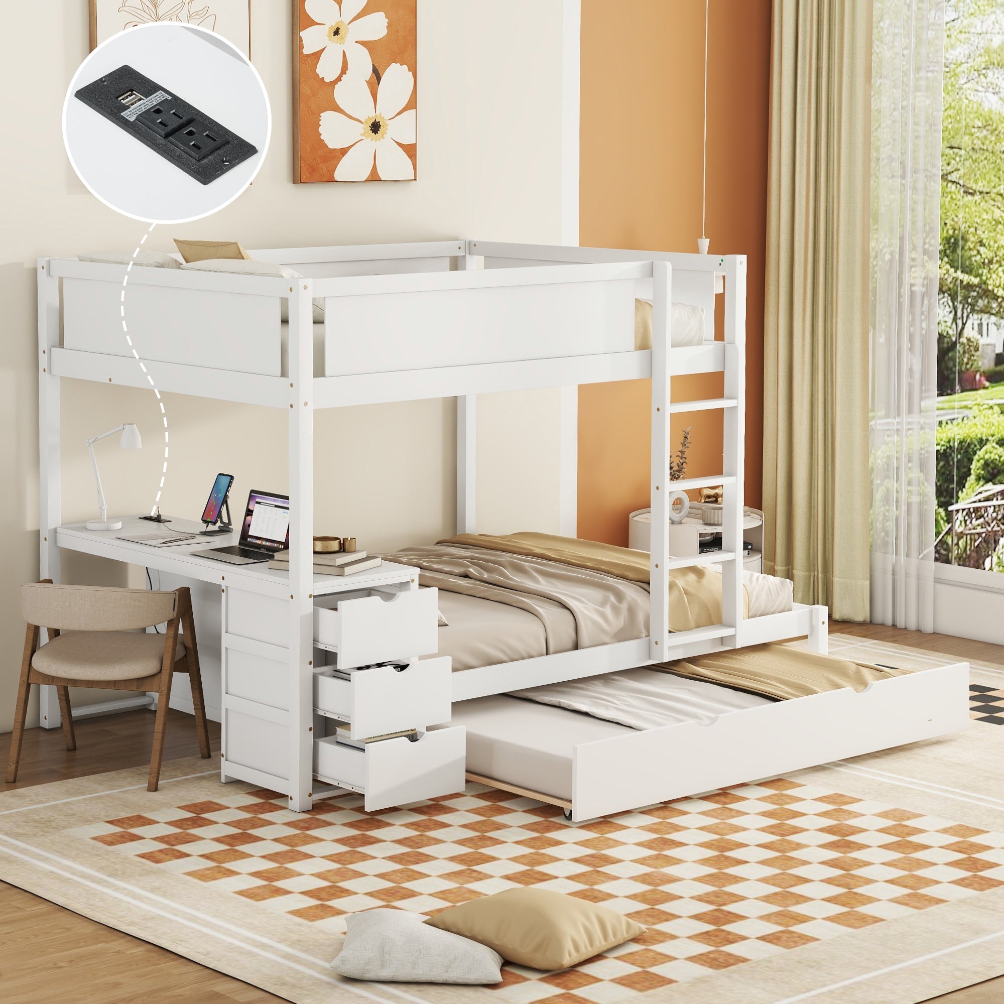 Full-Over-Full Bunk Bed with Twin size Trundle, Storage and Desk, White