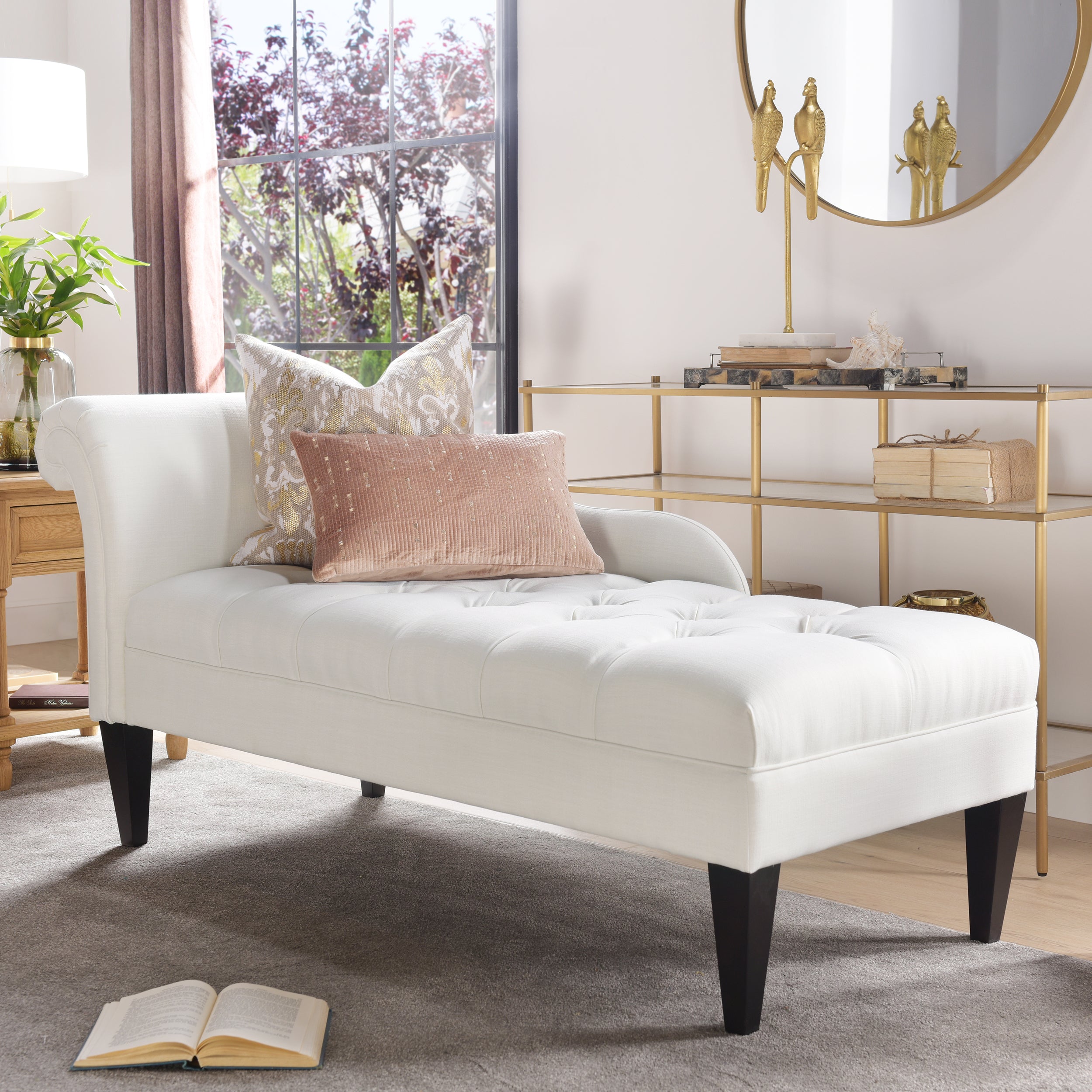 Harrison Tufted Roll Arm Chaise Lounge, Antique White Polyester