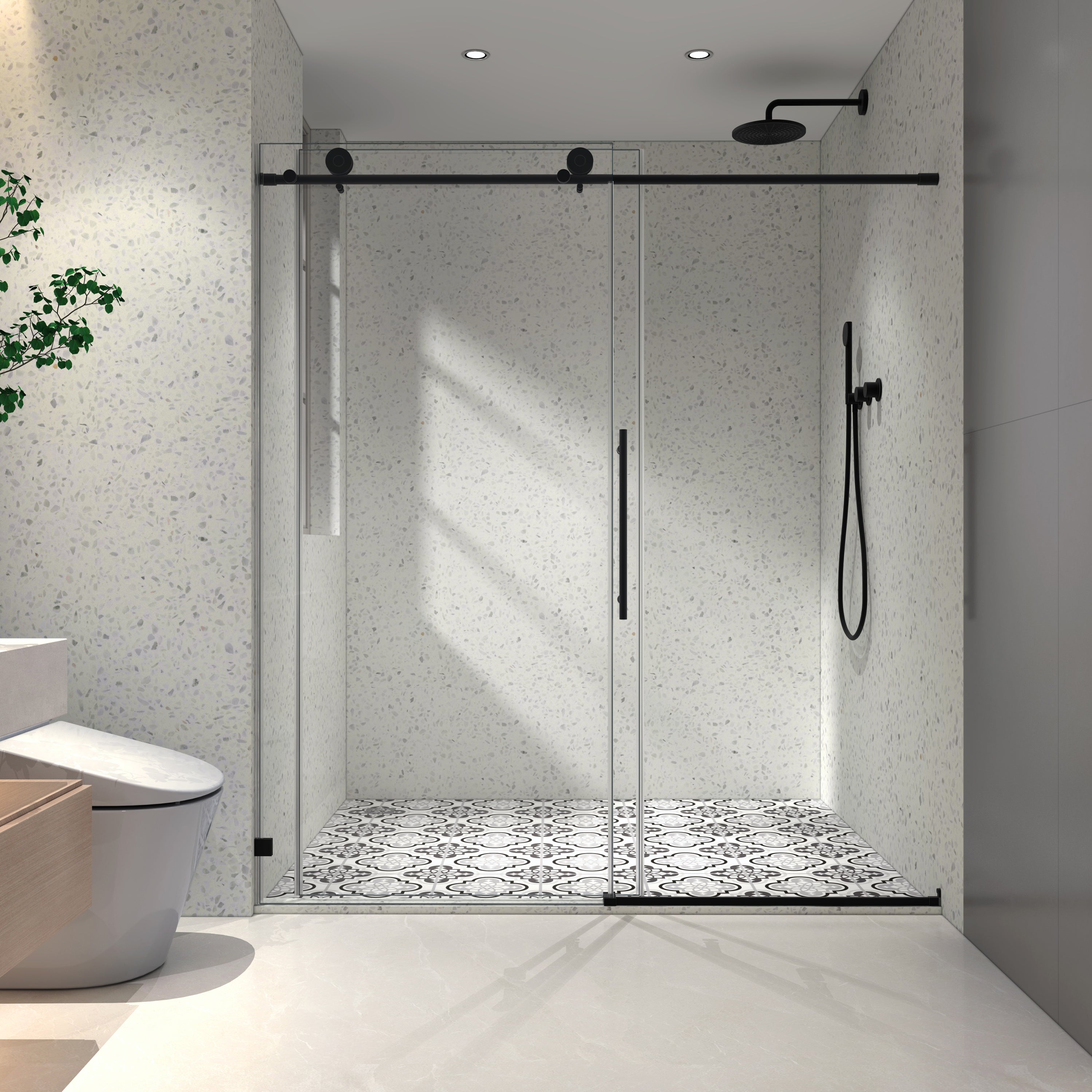 60"W x 76"H Chrome frameless one fixed and one shifted Shower Door, 70MM 304 stainless steel large pulleys with adjustable soft closing function,with nano easy cleaning and stick explosion-proof menbrance