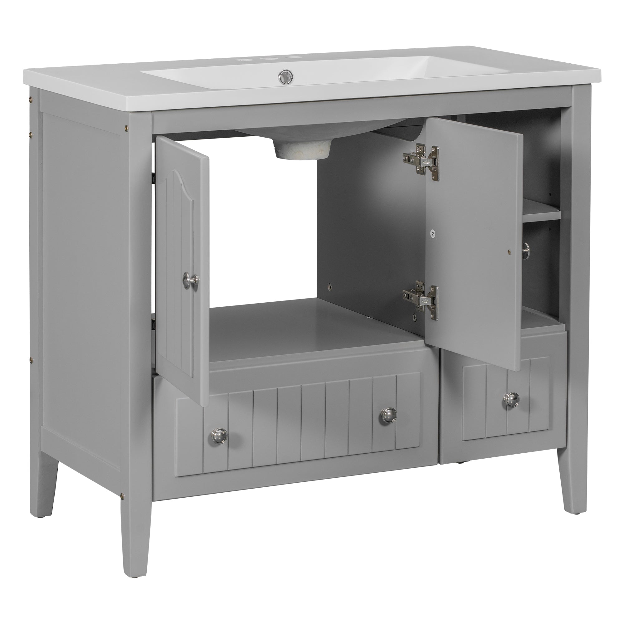 [VIDEO] 36" Bathroom Vanity with Ceramic Basin, Bathroom Storage Cabinet with Two Doors and Drawers, Solid Frame, Metal Handles, Grey (OLD SKU: JL000003AAE)