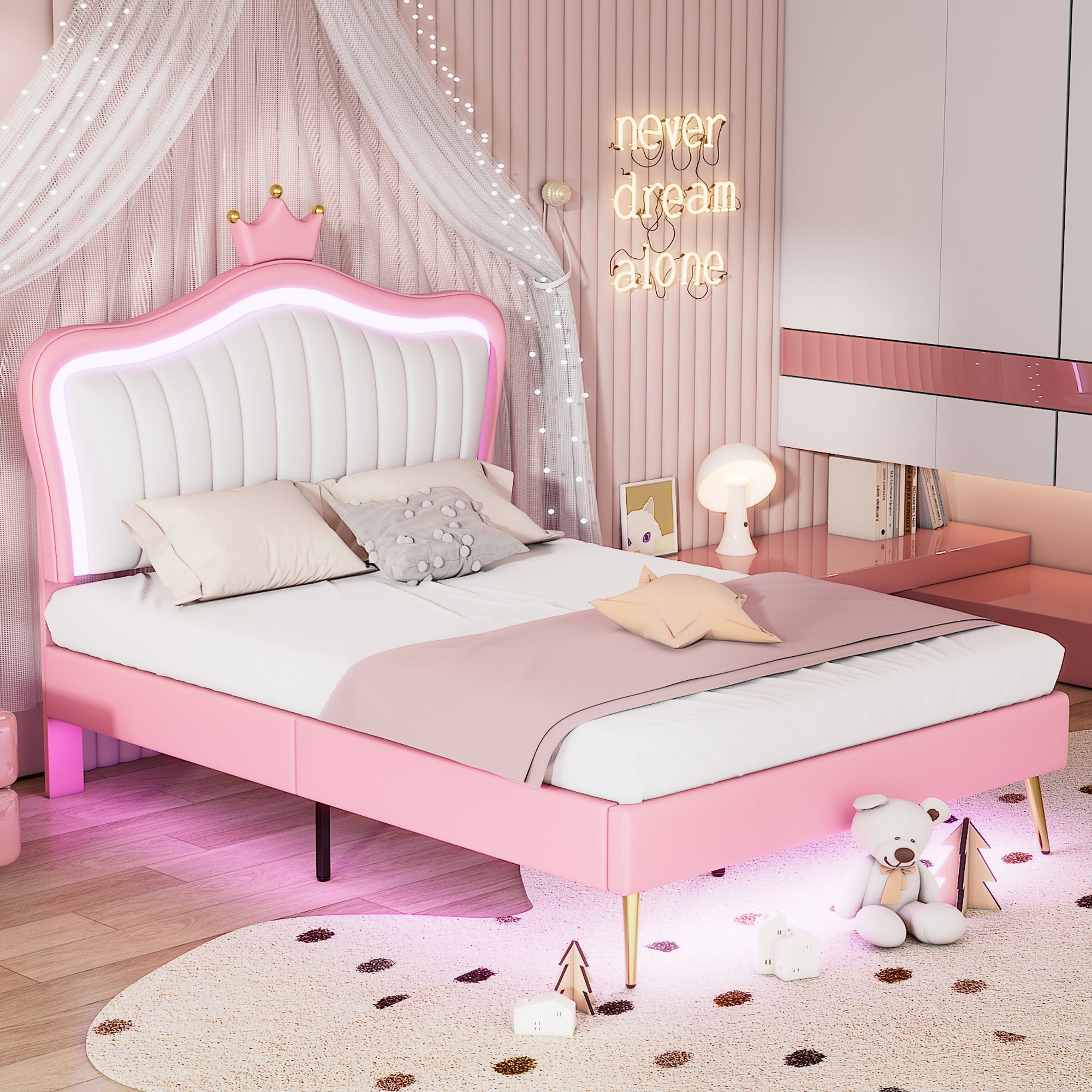 Full Size Upholstered Bed Frame with LED Lights,Modern Upholstered Princess Bed With Crown Headboard,White+Pink