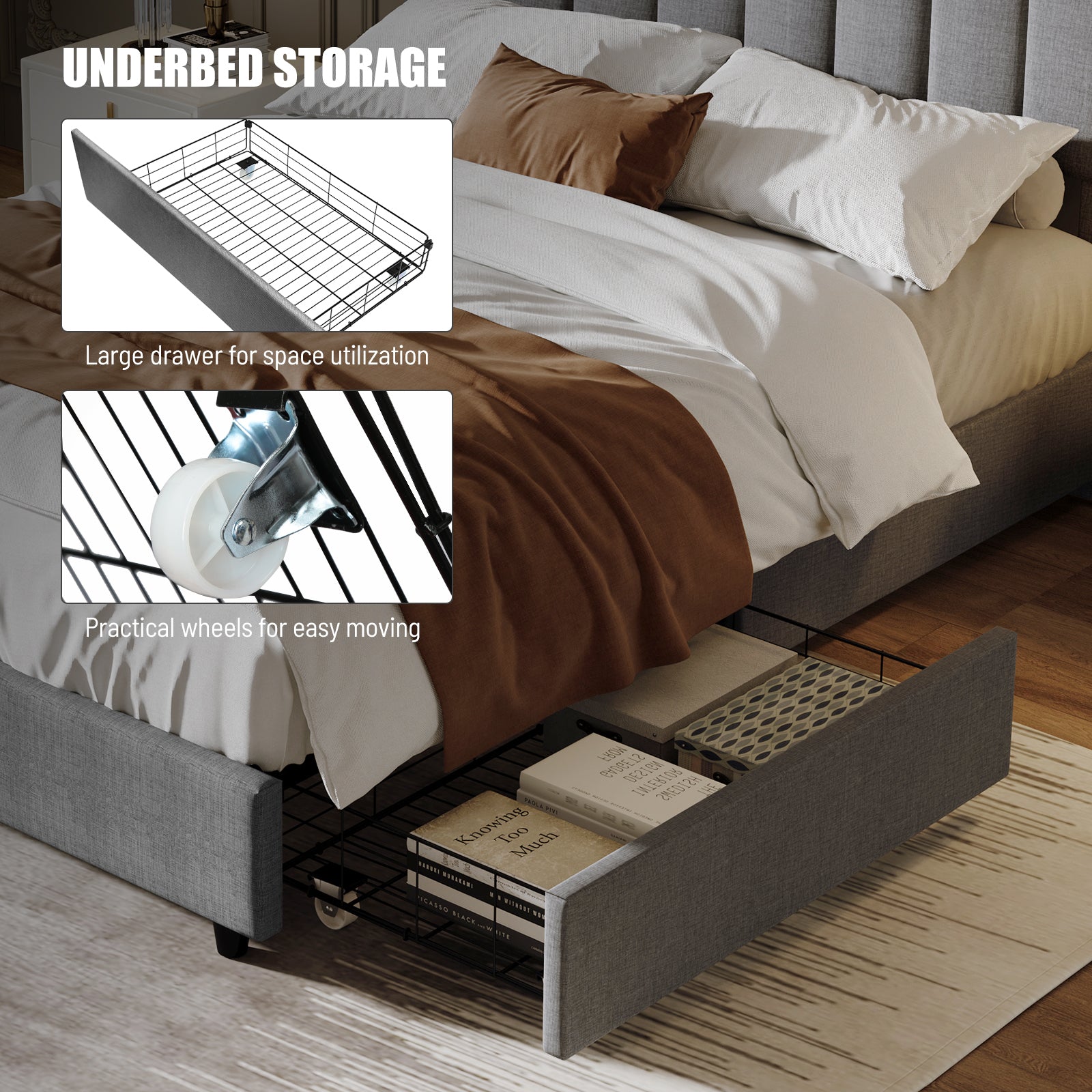 Queen Size Upholstered Platform Bed Linen Bed Frame with 2 Drawers Stitched Padded Headboard with Rivets Design Strong Bed Slats System No Box Spring Needed Grey