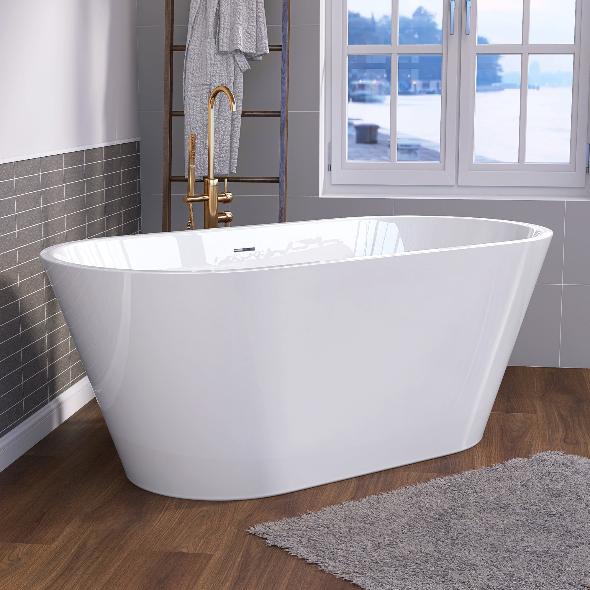 55" Acrylic Freestanding Bathtub Contemporary Soaking White Tub with Overflow and Pop-up Drain Gloss White