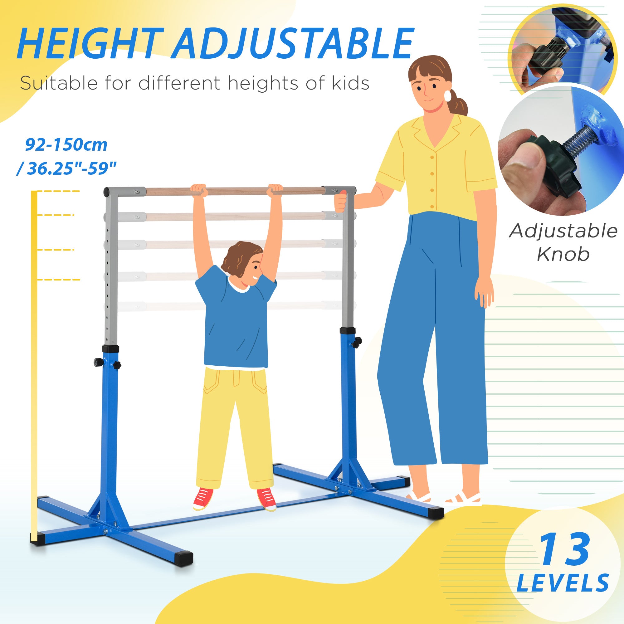 Soozier Gymnastics Bar for Kids, Adjustable Height Gym Bar, Junior Training Kip Bar for Home, Built for kids 3+ Years, Blue