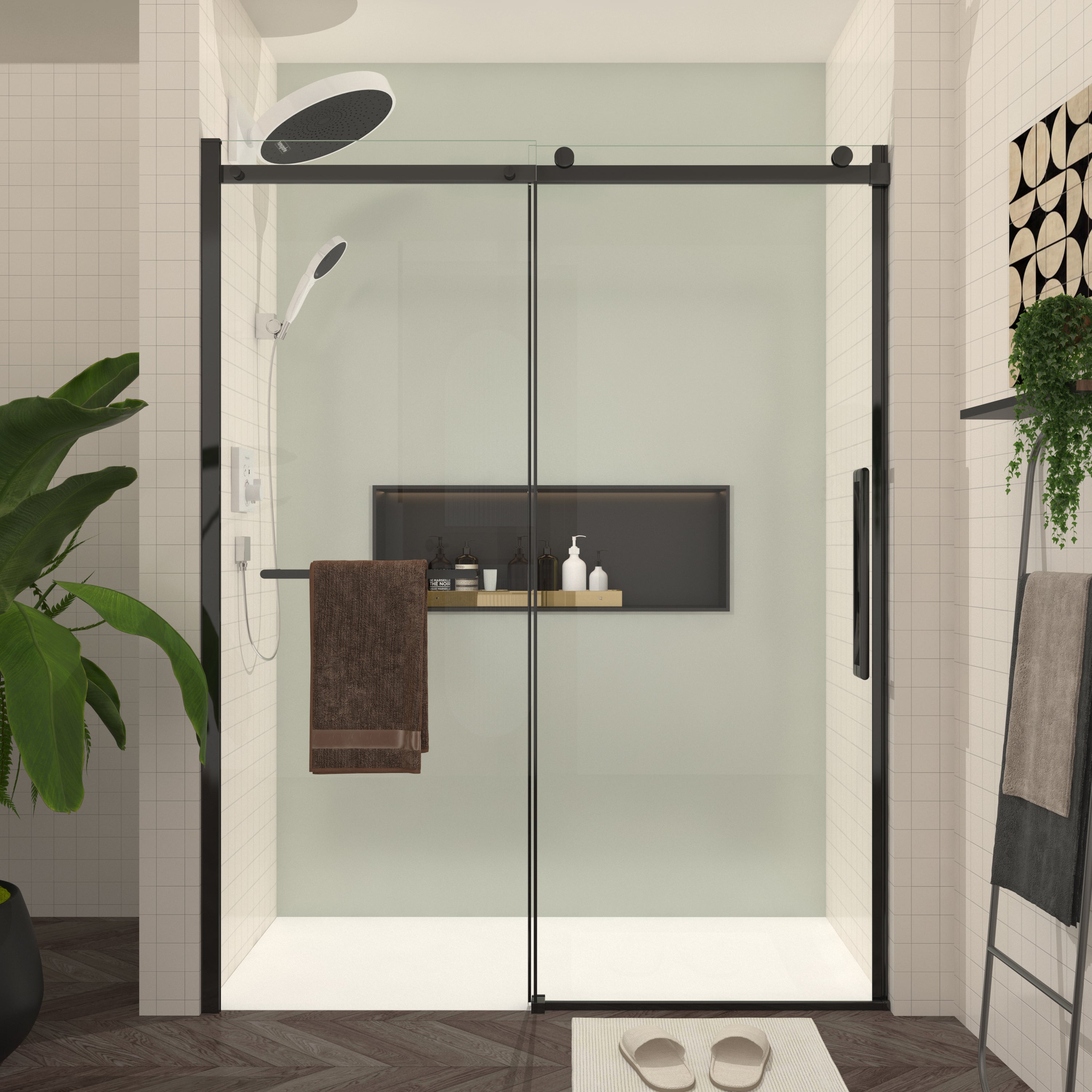 56-60 x 76 in matte black sliding shower door with clear glass