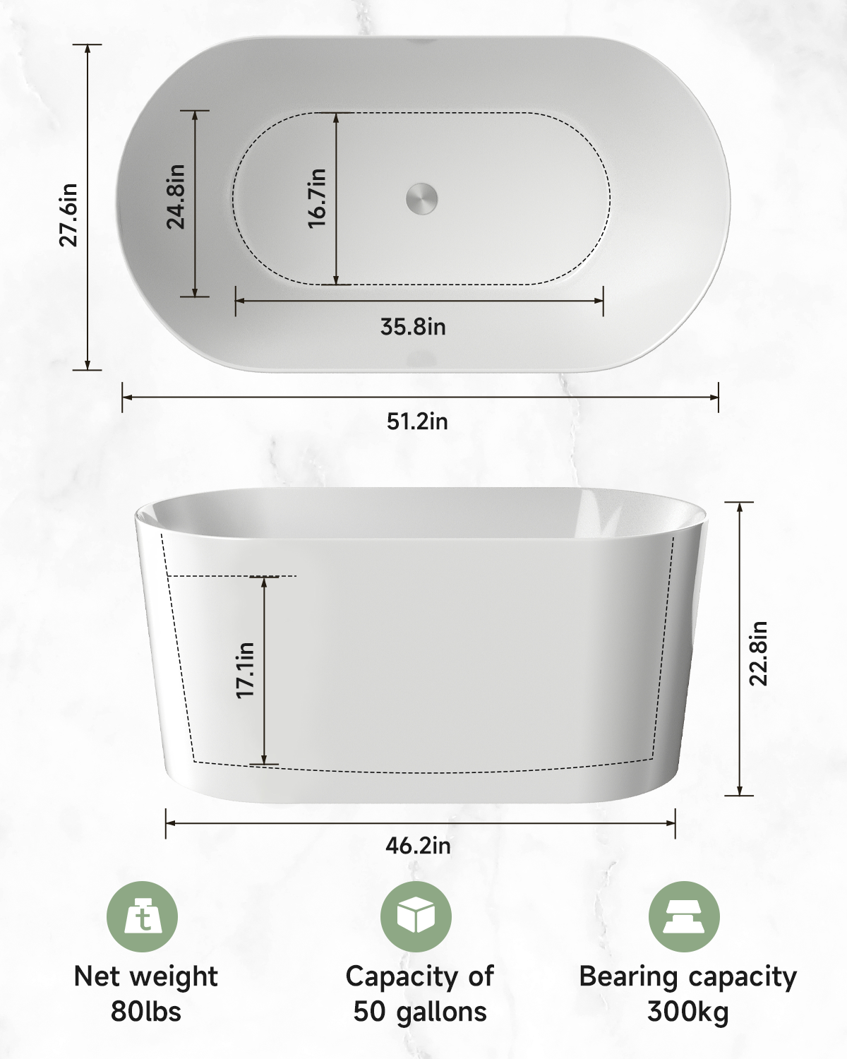 51" Acrylic Freestanding Bathtub-Acrylic Soaking Tubs, White Bathtub, Oval Shape White Freestanding Bathtub With Chrome Overflow and Pop Up Drain CUPC Certificate