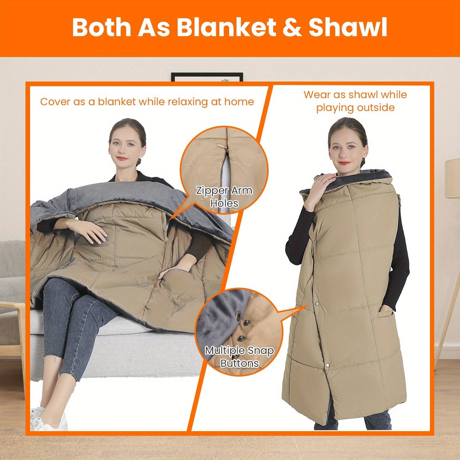 USB Heated Blanket Electric Heated Poncho Shawl Wrap Throw with Zipper Arm Holes Pocket 3 Heating Levels 6 Zones Dual Switch 5V/2A Machine Washable for Home Office Outdoor