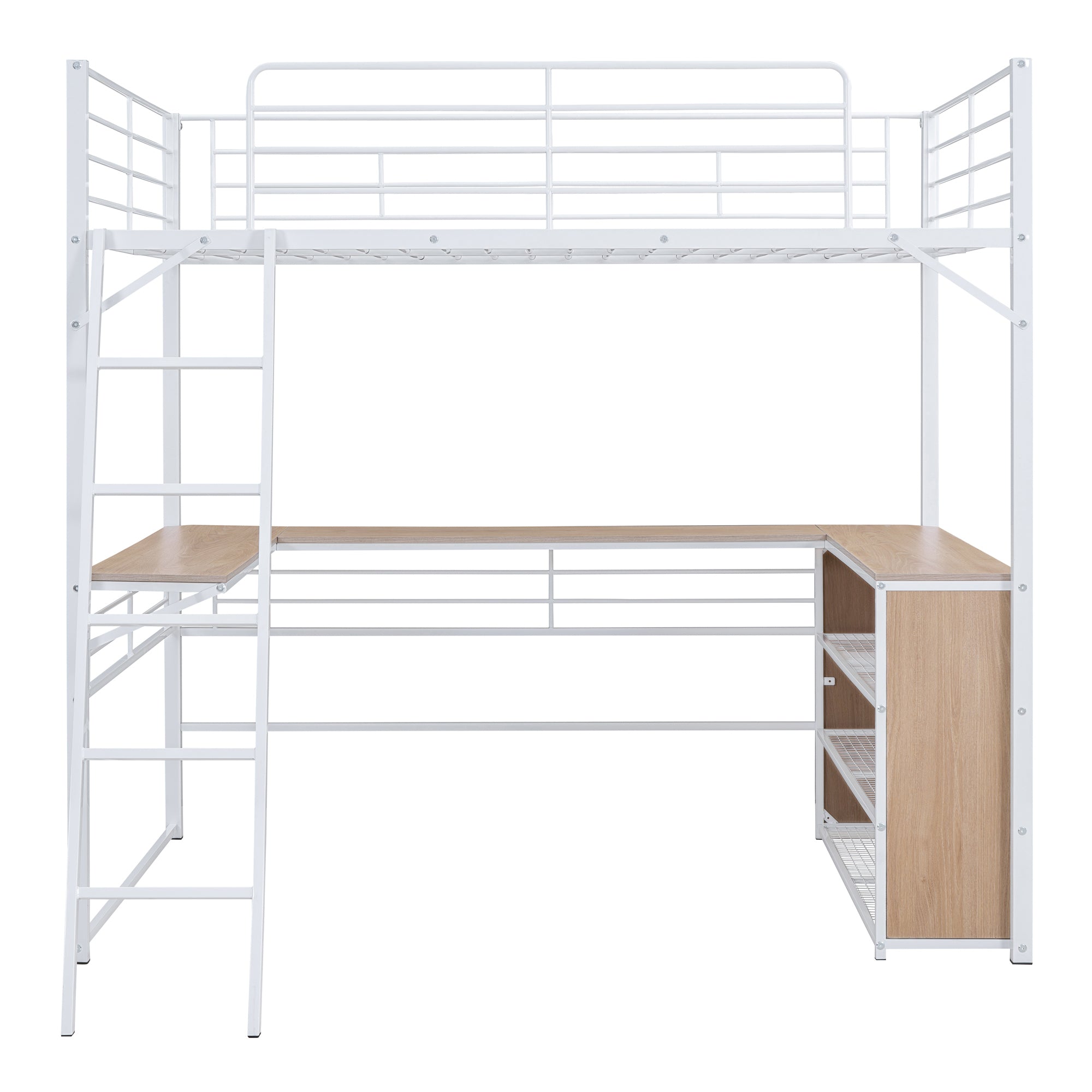 Full Size Metal Loft Bed with 3 Layers of Shelves and L-shaped Desk, White