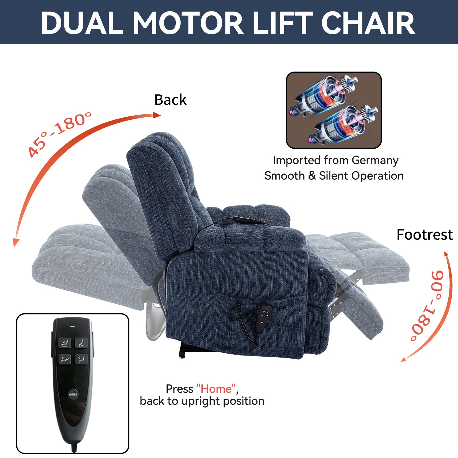 Dual Motor Heat Massage Infinite Position Up to 350 LBS Electric Power Lift Recliners with Power-Remote, Medium-firm and Heavy Duty, Blue