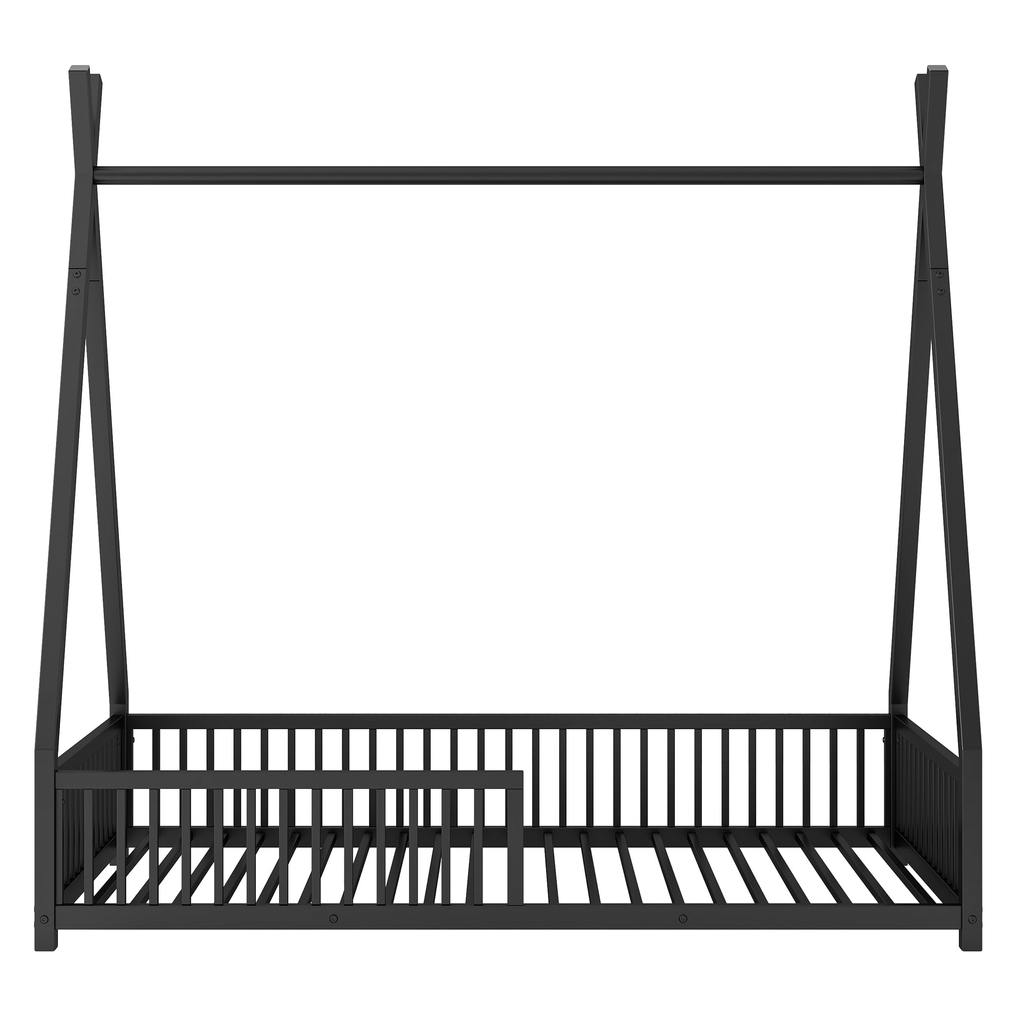 Metal Twin Size House Platform Bed with Triangle Structure and Guardrail, Black