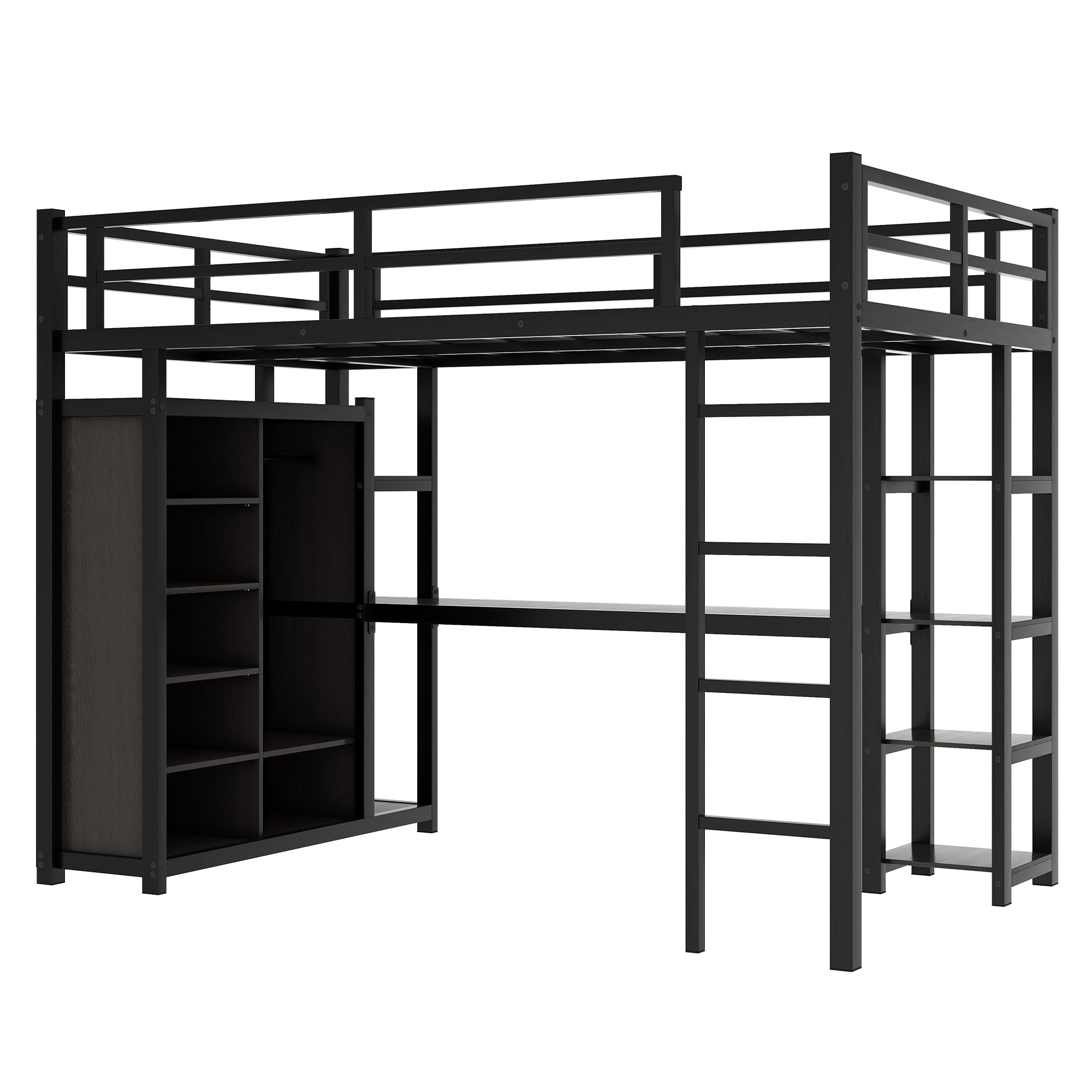 Metal Full Size Loft Bed with Desk,Shelves,Wardrobe, Black