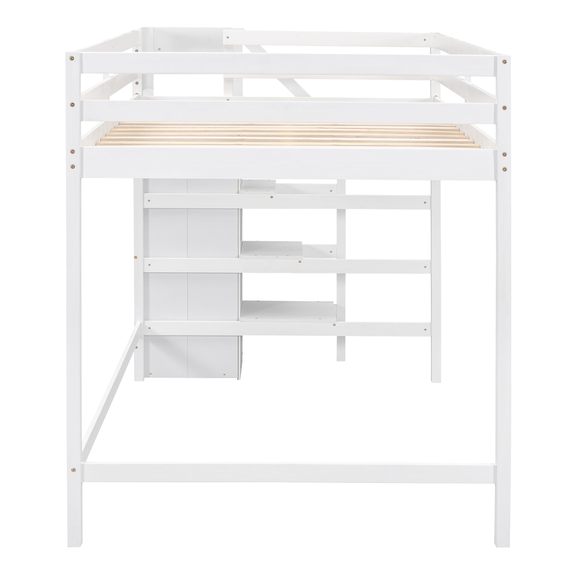 Full Size Loft Bed with Built-in Storage Wardrobe and Staircase, White