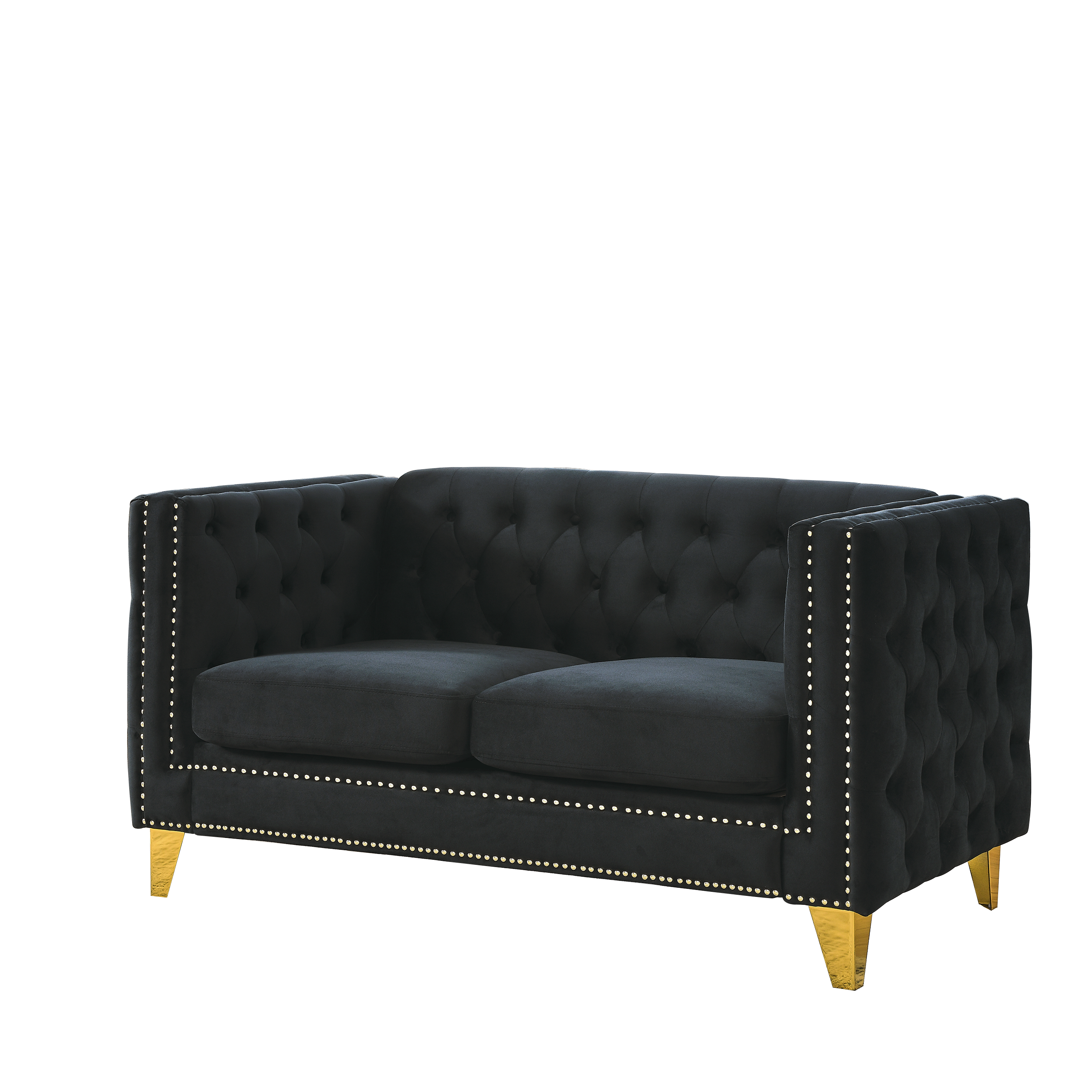 {Contact us for 3D modeling} Velvet Sofa for Living Room,Buttons Tufted Square Arm Couch, Modern Couch Upholstered Button and Metal Legs, Sofa Couch for Bedroom, Black Velvet-2S(W834S00053)