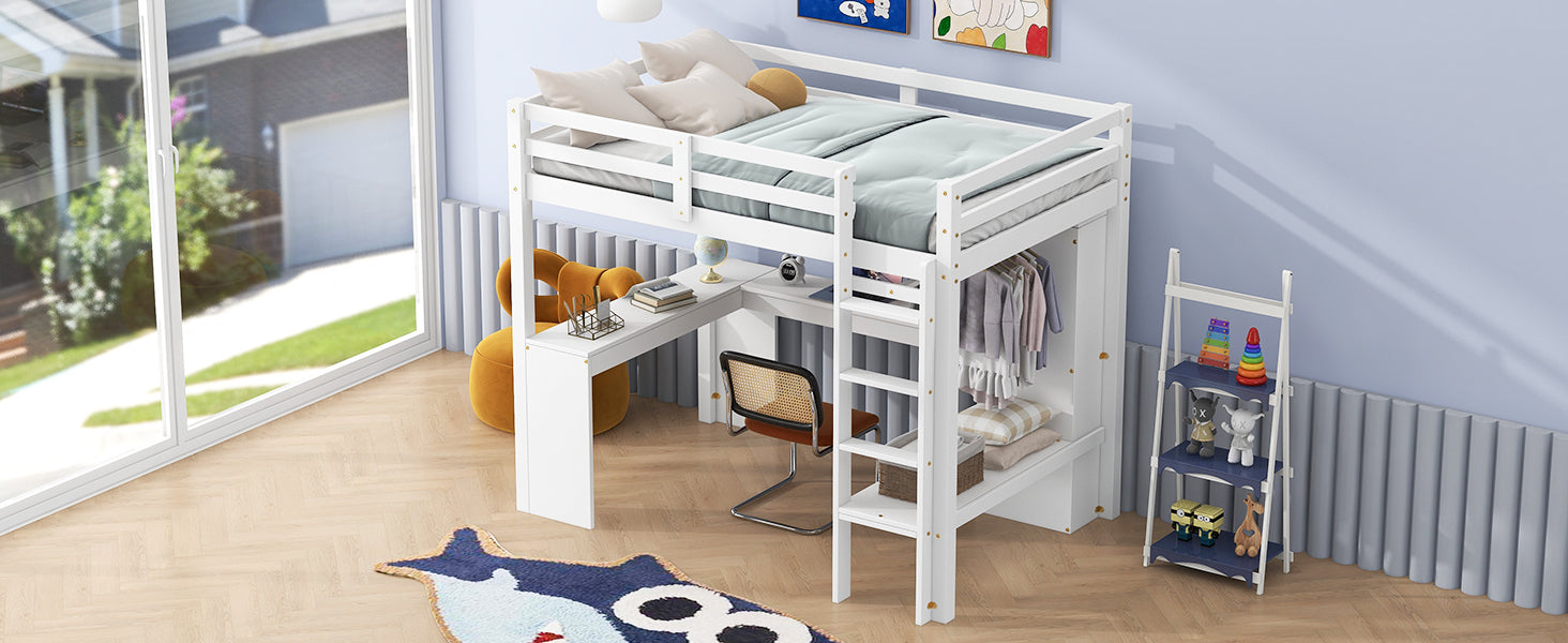 Twin Size Loft Bed with L-shaped Desk, Wardrobe and Storage Shelves, White