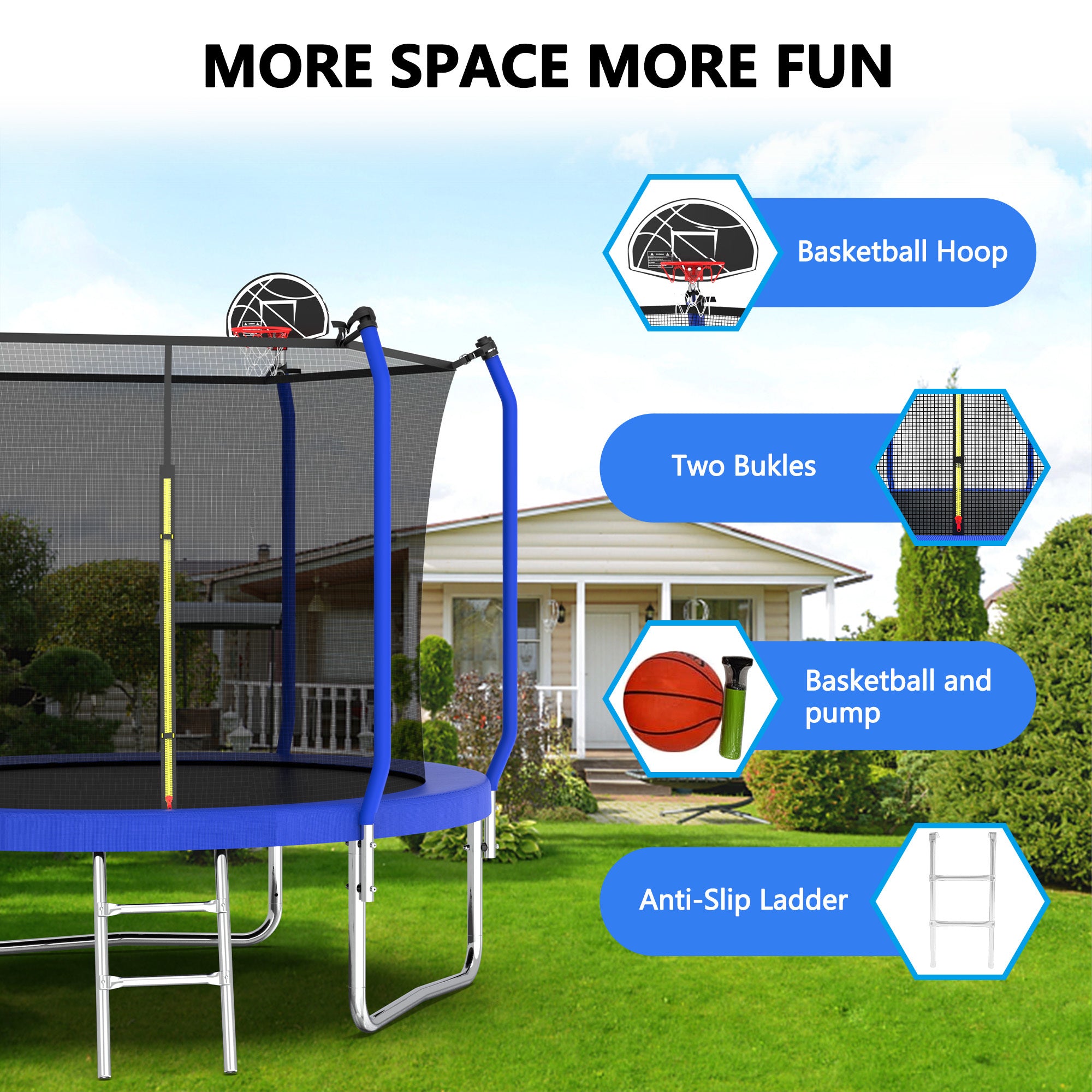 8FT Trampoline with Basketball Hoop,  ASTM Approved Reinforced Type Outdoor Trampoline with Enclosure Net