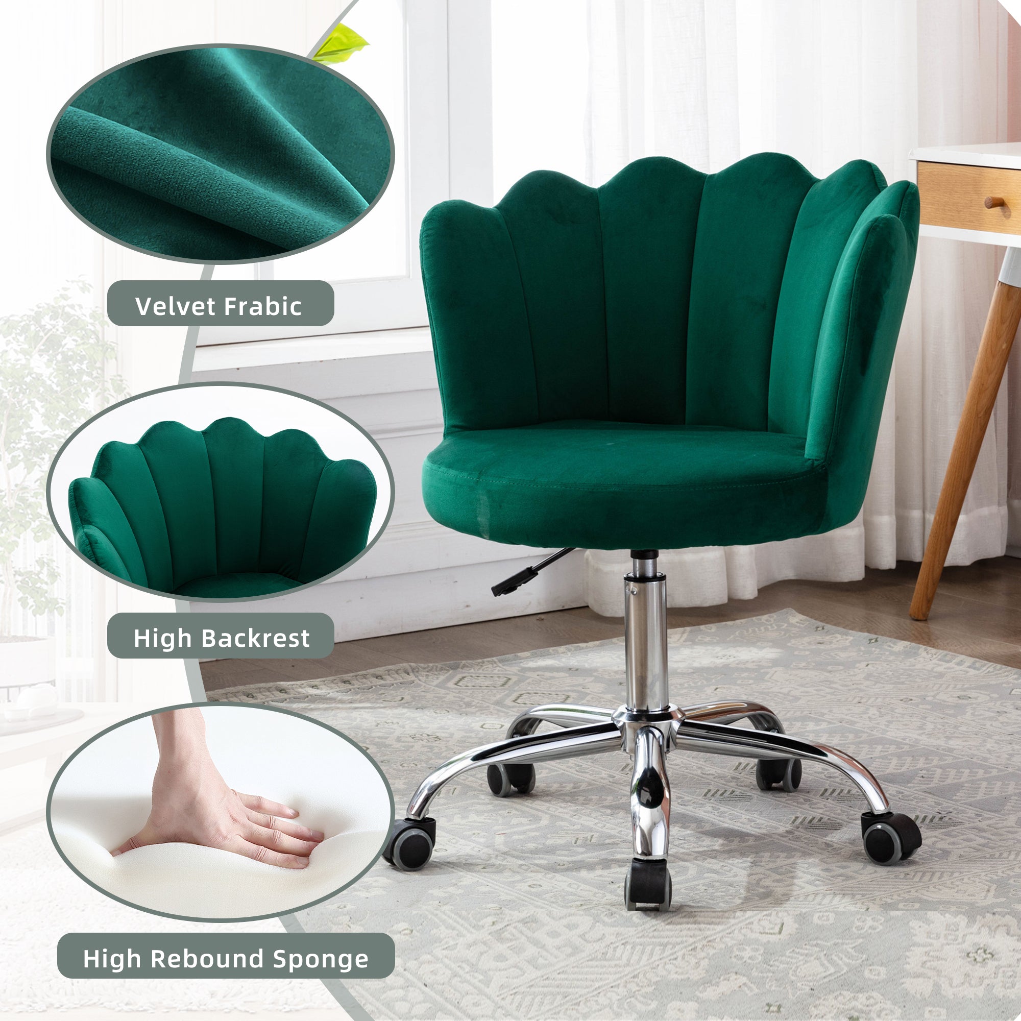 COOLMORE Velvet Home Office Chair with silver Base, Modern Cute Shell Back Upholstered Desk Chair for Vanity, Adjustable Swivel Task Chair for Office(Green Velvet)