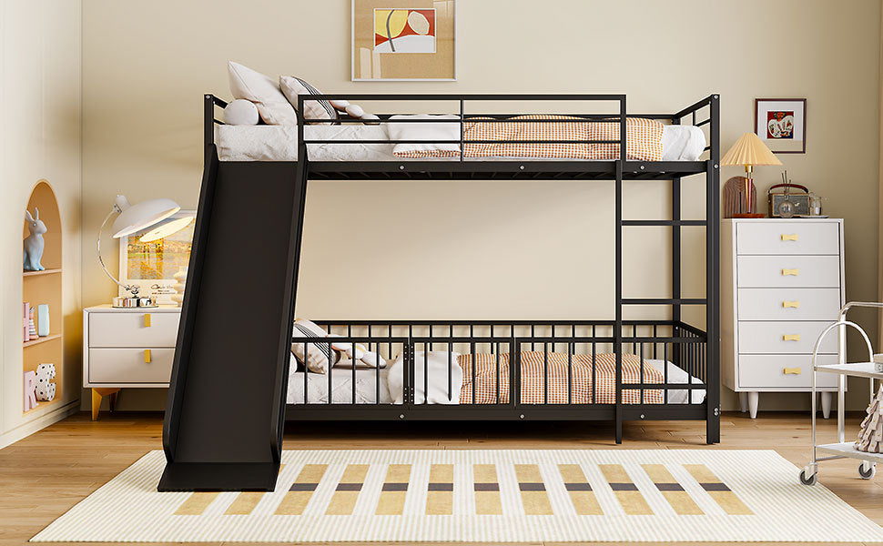 Twin over Twin Size Metal Bunk Bed with Slide and Guardrails, Black