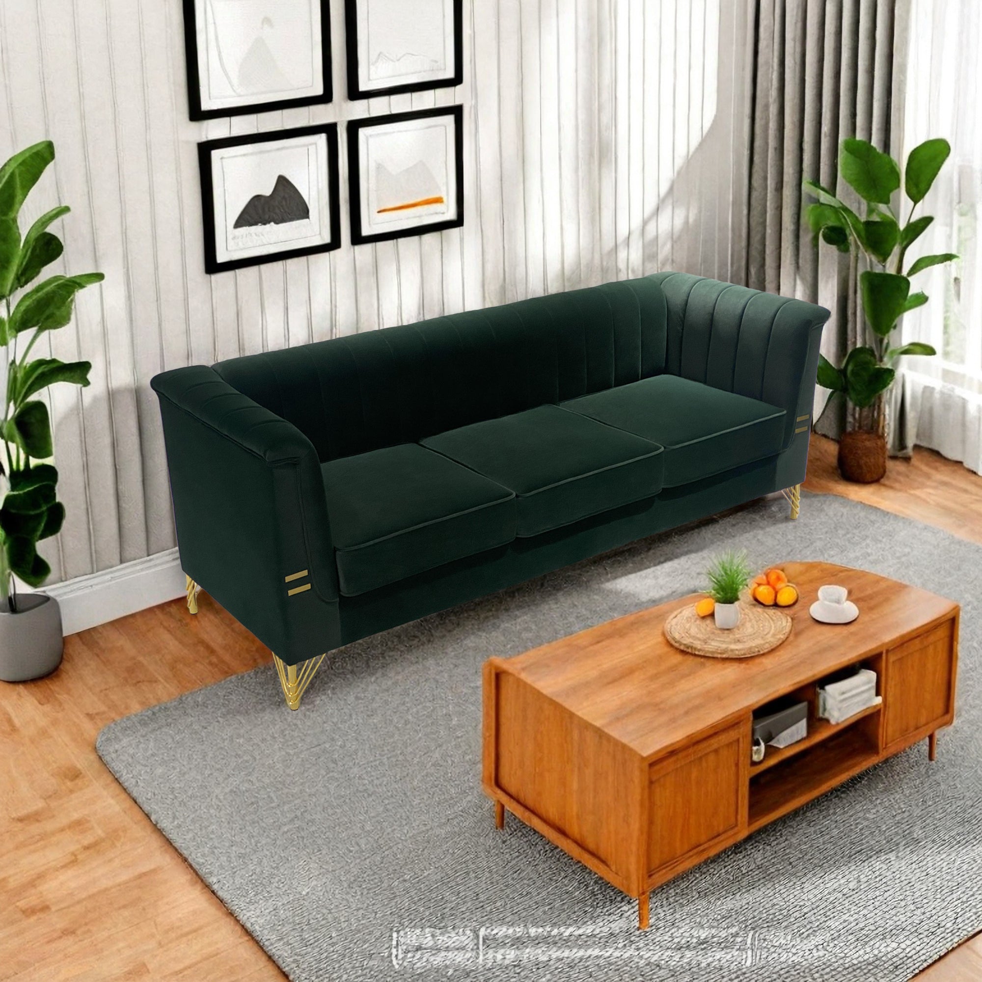 FX-P82-GR(sofa)-82.67'' W Velvet Sofa, Mid-Century Sofa Furniture Chesterfield Couch for Living Room (Sofa, Green)