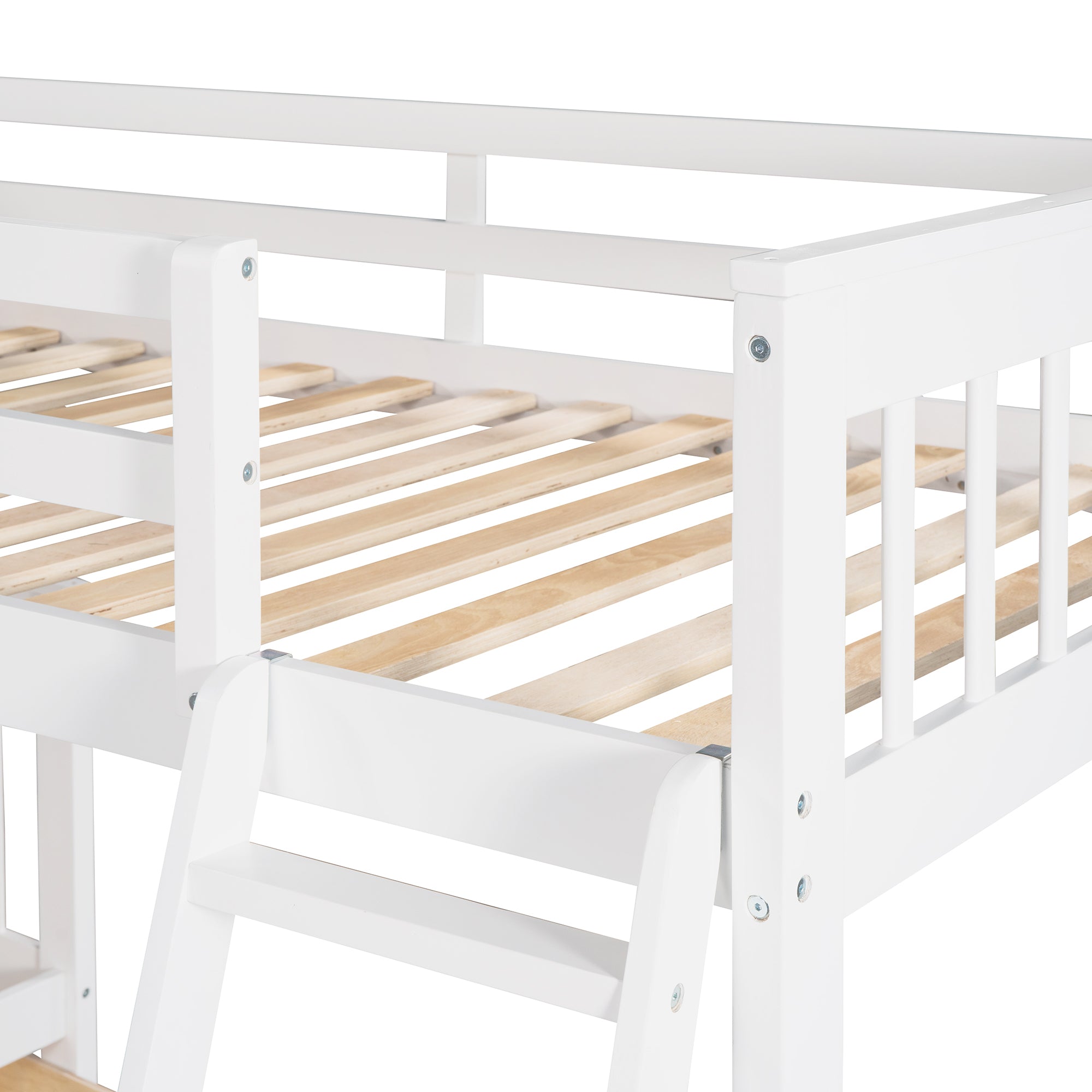 Twin over Full L-Shaped Bunk Bed With 3 Drawers, Ladder and Staircase - White