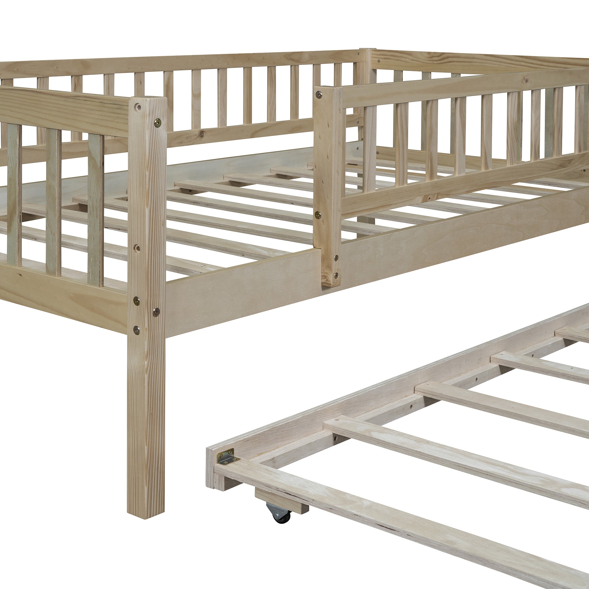 Twin Size Wood Daybed with Trundle and Fence Guardrails, Natural