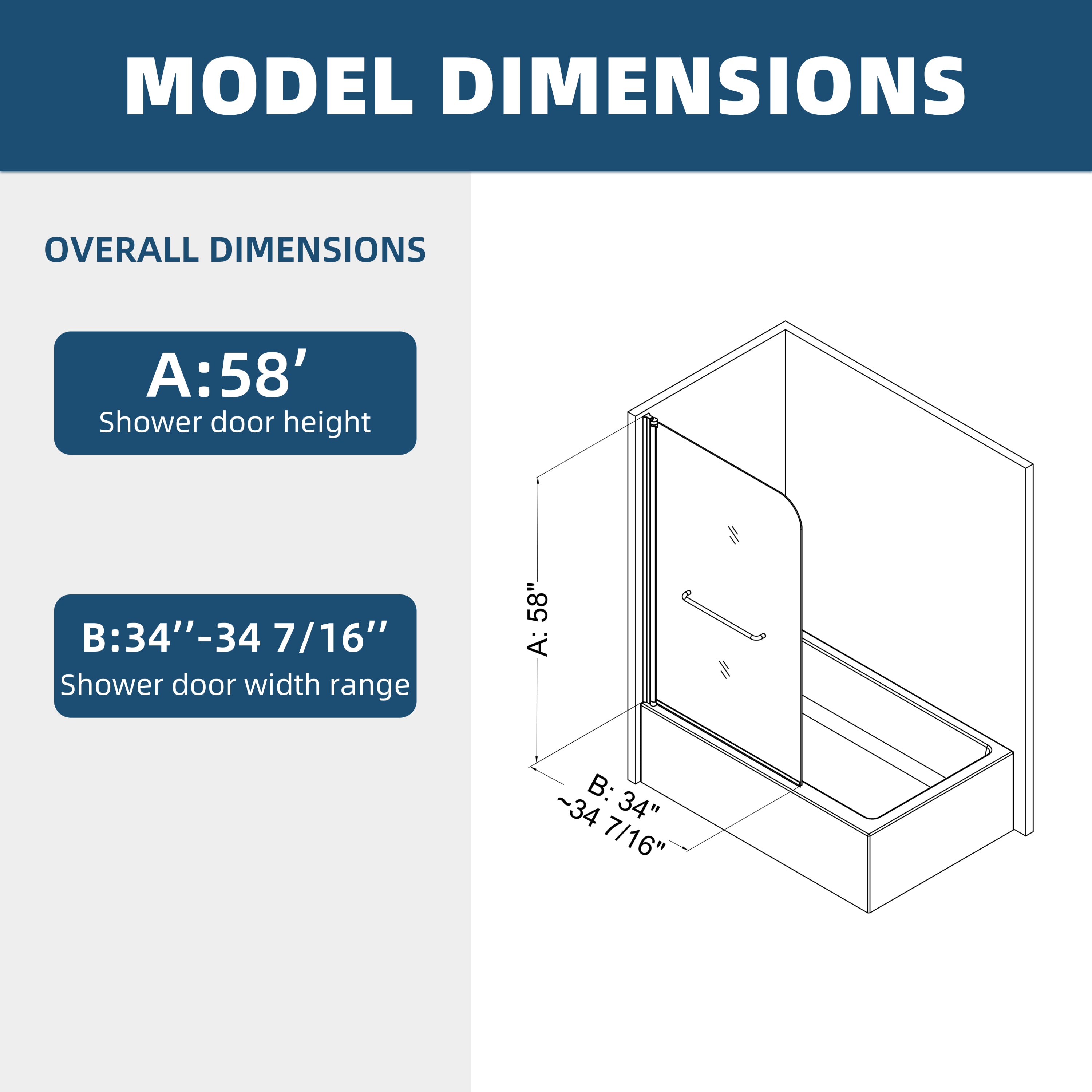 (34"W x5 8"H) Bath tub Pivot shower screen, with 1/4" tempered glass and towel bar 3458