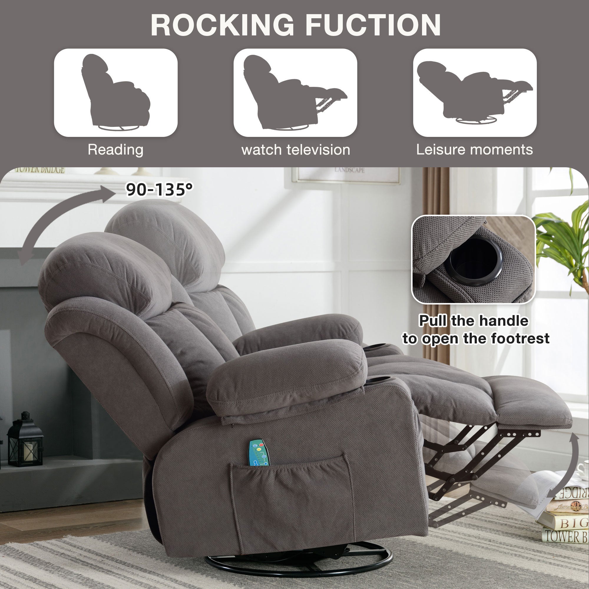 Swinging recliner massage heated sofa, with USB and 2 cup holders in side pockets, PackageA+B (GREY )