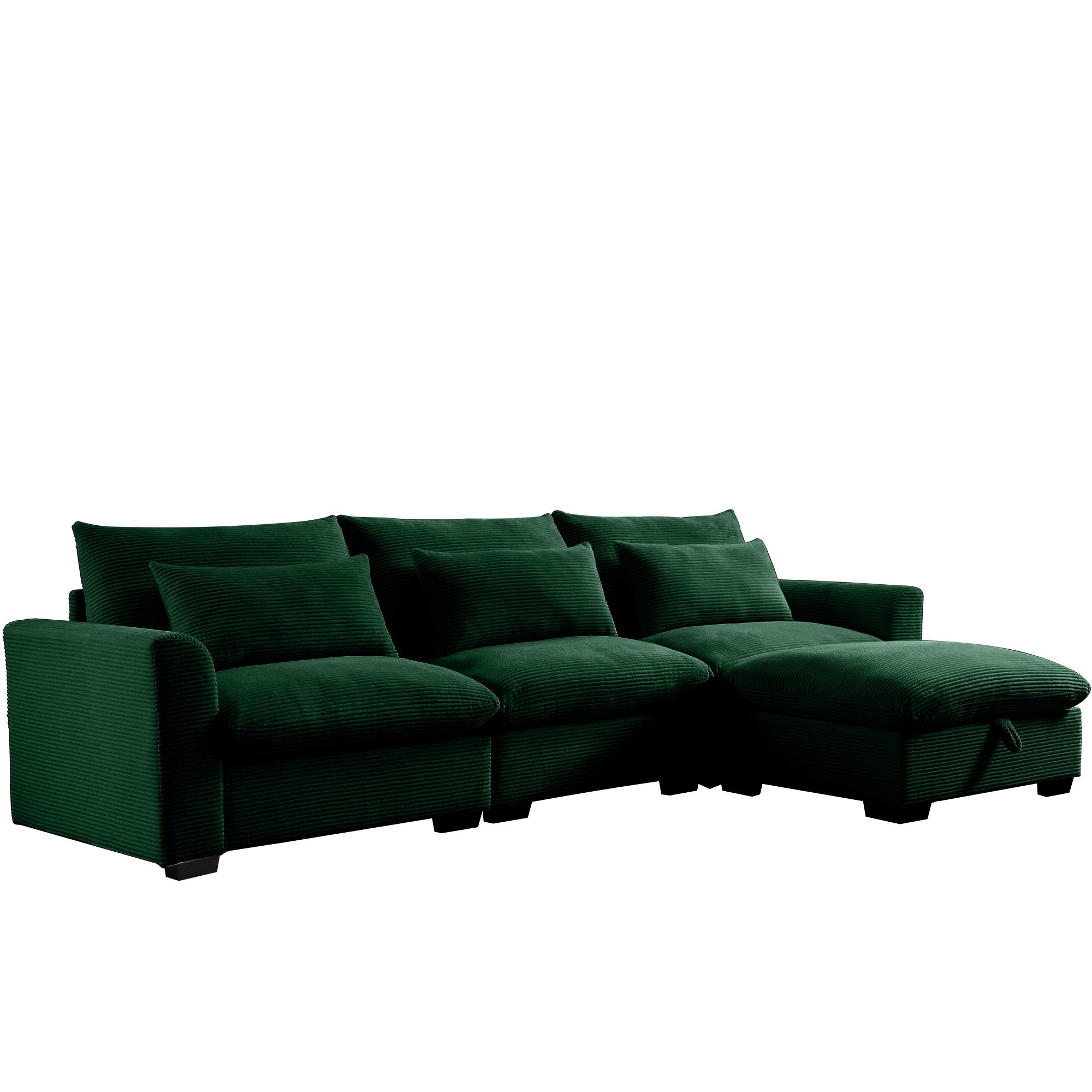 Corduroy Sectional Sofa,  L Shaped Couch with Storage Footstool and 3 Pillow, Sectional Couch for Living Room Apartment, Green