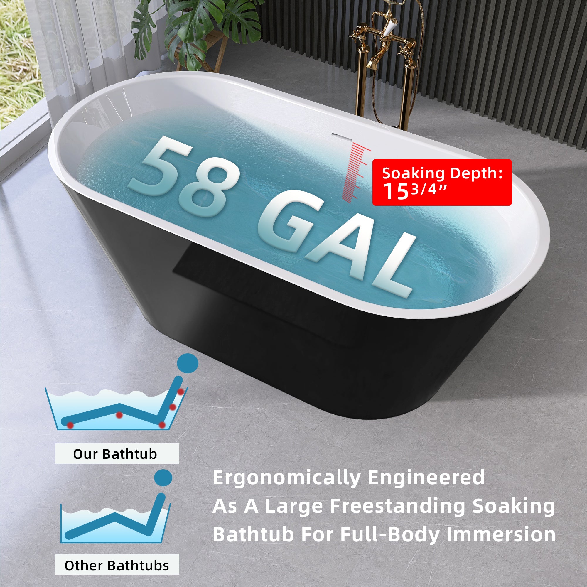 55" Acrylic Freestanding Bathtub Contemporary Soaking White Tub with Overflow and Pop-up Drain Gloss Black