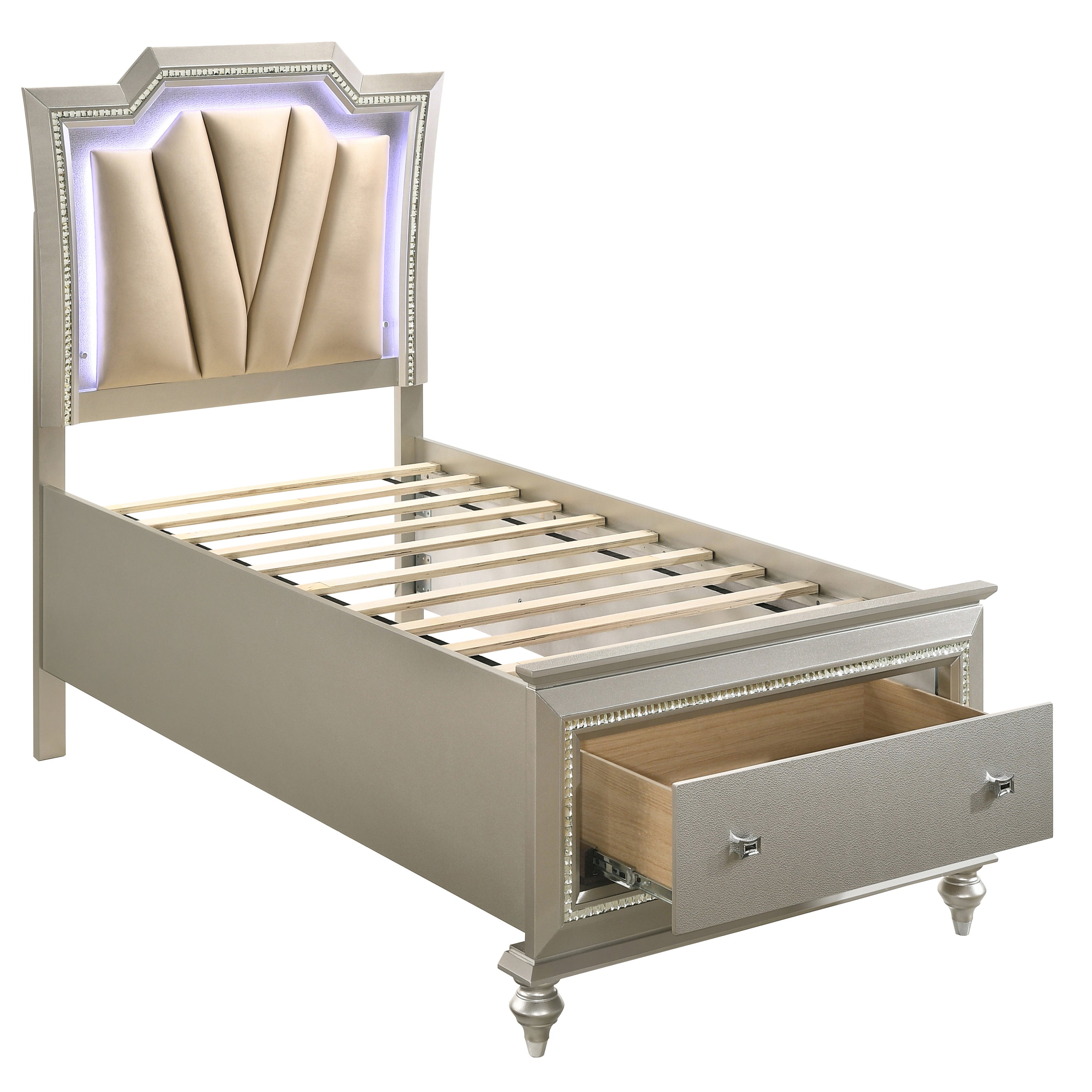 Beige and Champagne Storage Bed with LED Lighting