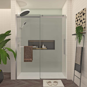 Frameless sliding shower door 56-60 in brushed nickel front view