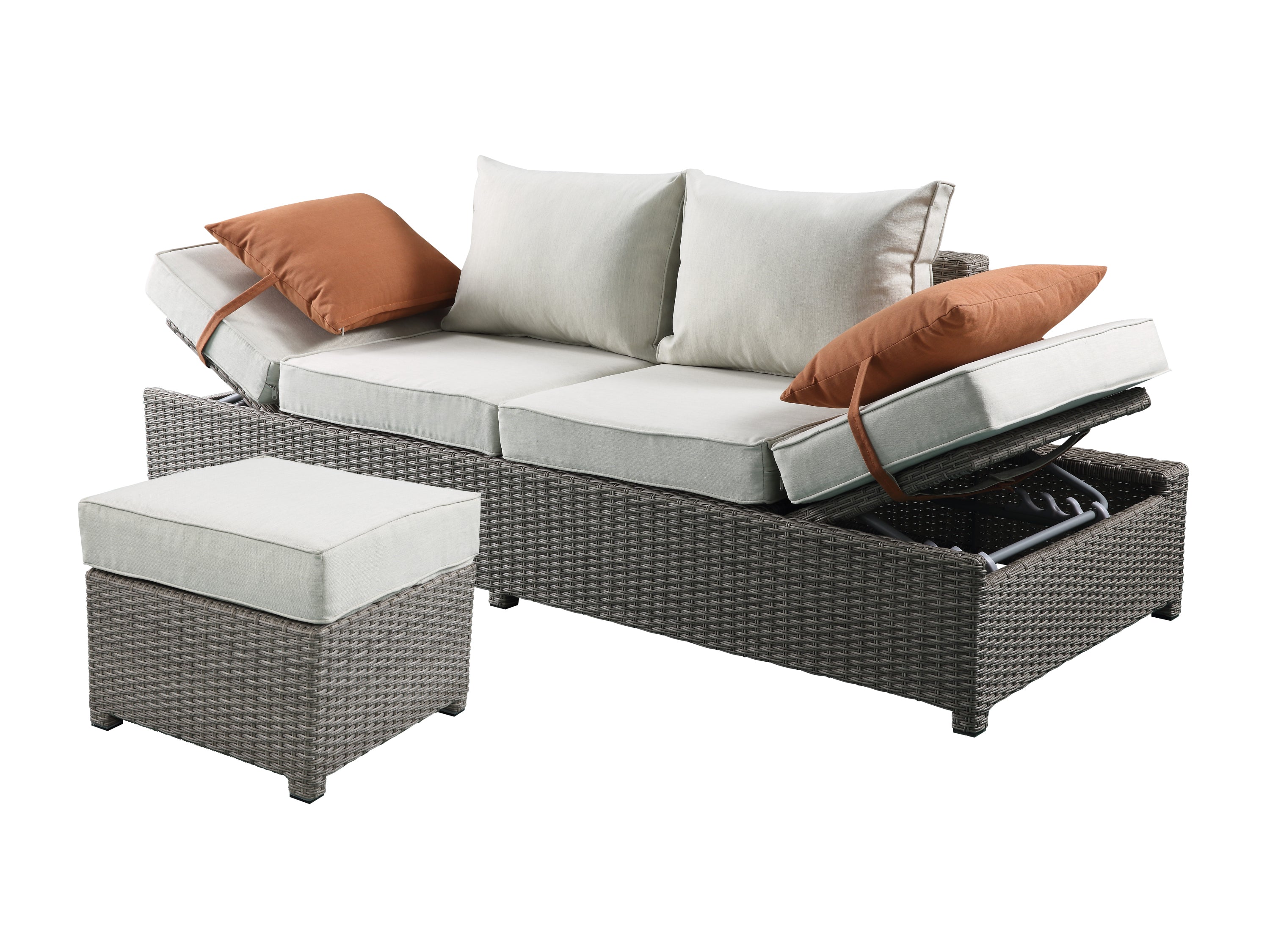 Salena Beige Fabric & Gray All-Weather Wicker Patio Sofa & Ottoman with 2 Toss Pillows