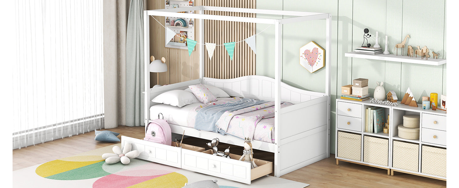 Twin Size Canopy Day Bed with 2 Drawers, White