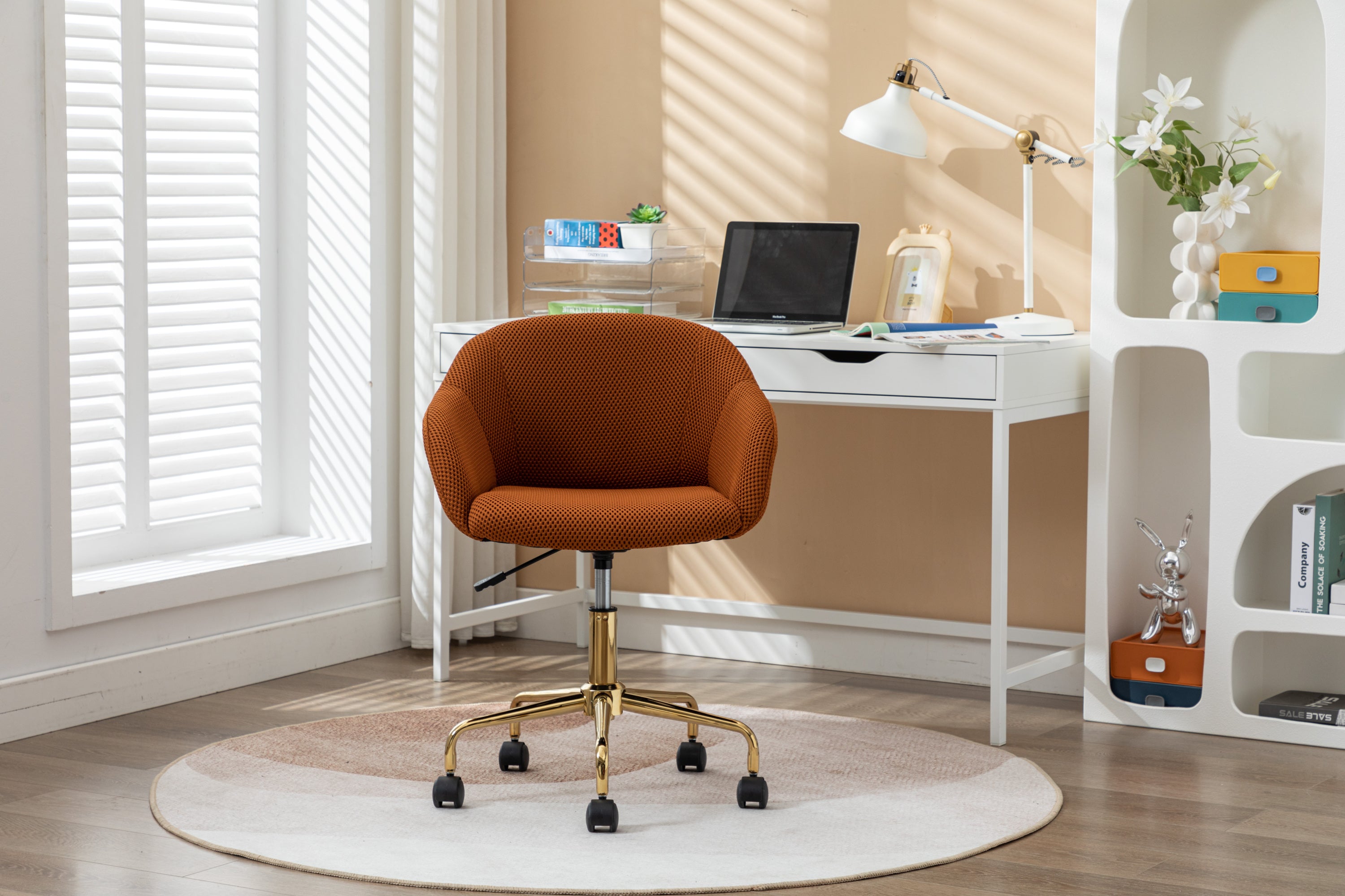 047-Mesh Fabric Home Office 360°Swivel Chair Adjustable Height With Gold Metal Base,Caramel