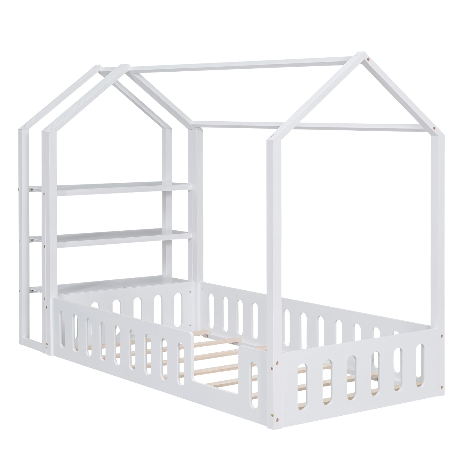 Twin Size Wood House Bed with Fence and Detachable Storage Shelves, White