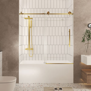 Frameless shower door 56-60 inch brushed gold front view