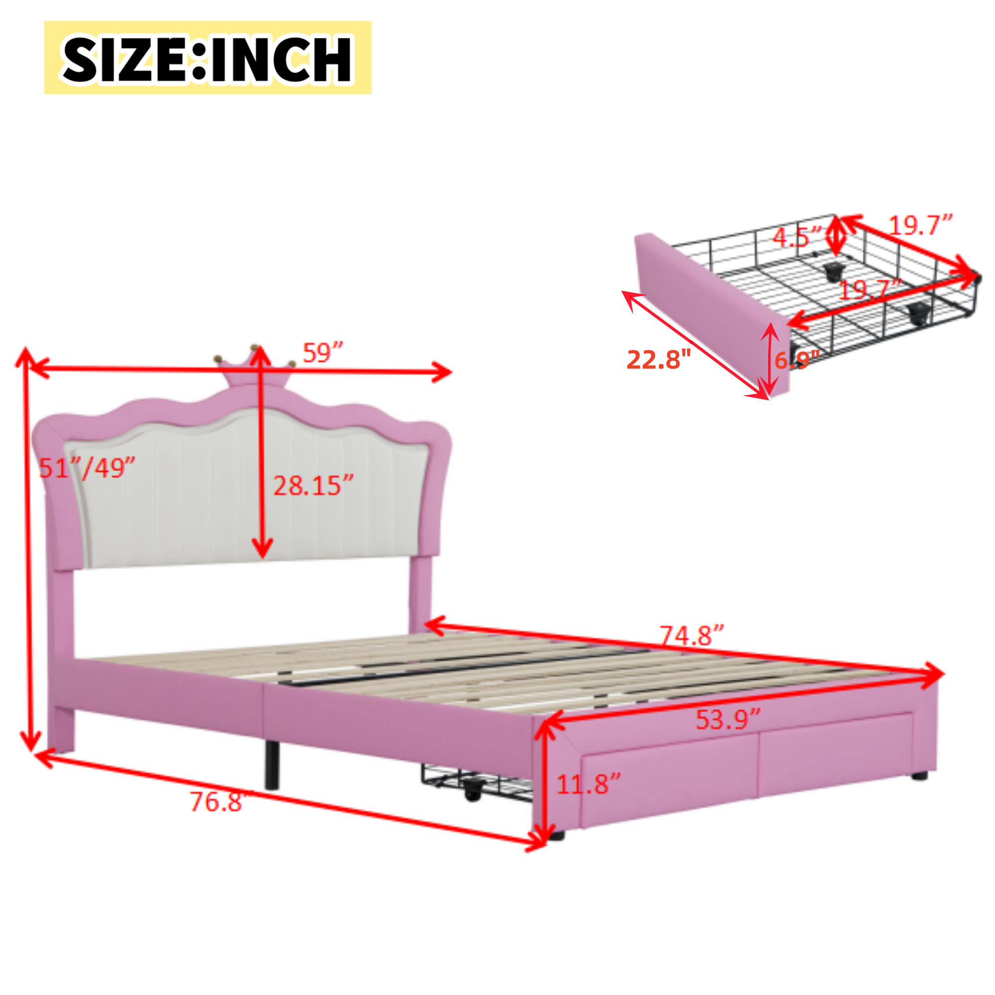 Full Size Upholstered Bed Frame with LED Lights, Modern Upholstered Princess Bed with Crown Headboard, 2 Drawers, Pink+White