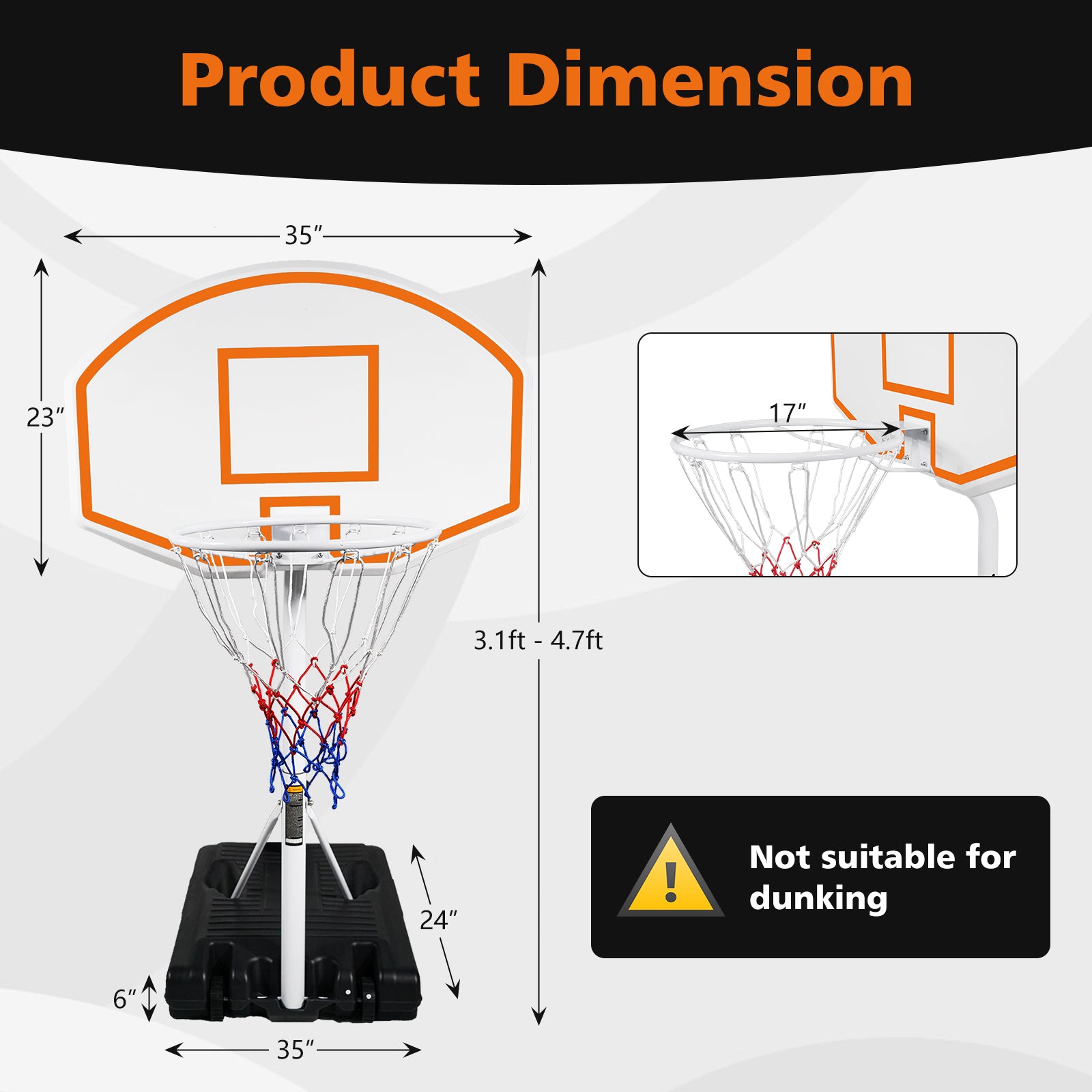 Poolside Basketball Hoop Portable Swimming Pool Basketball System Height Adjustable 3.1ft-4.7ft with 36" Backboard for Indoor Outdoor Use Orange