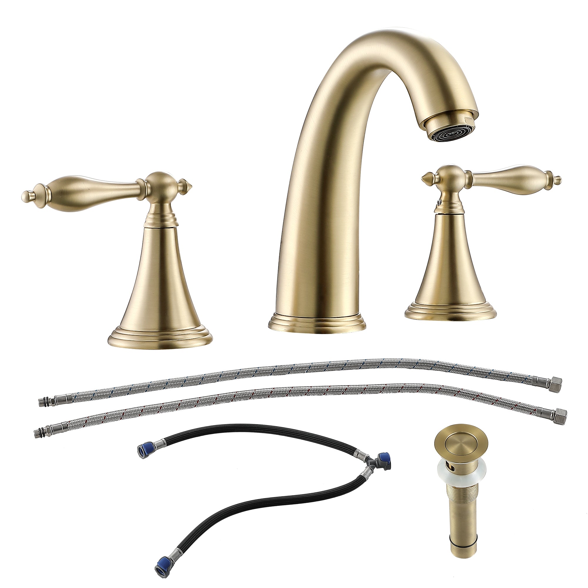 2 Handle Widespread Bathroom Faucet 3 Hole, with Pop Up Drain and 2 Water Supply Lines, Gold