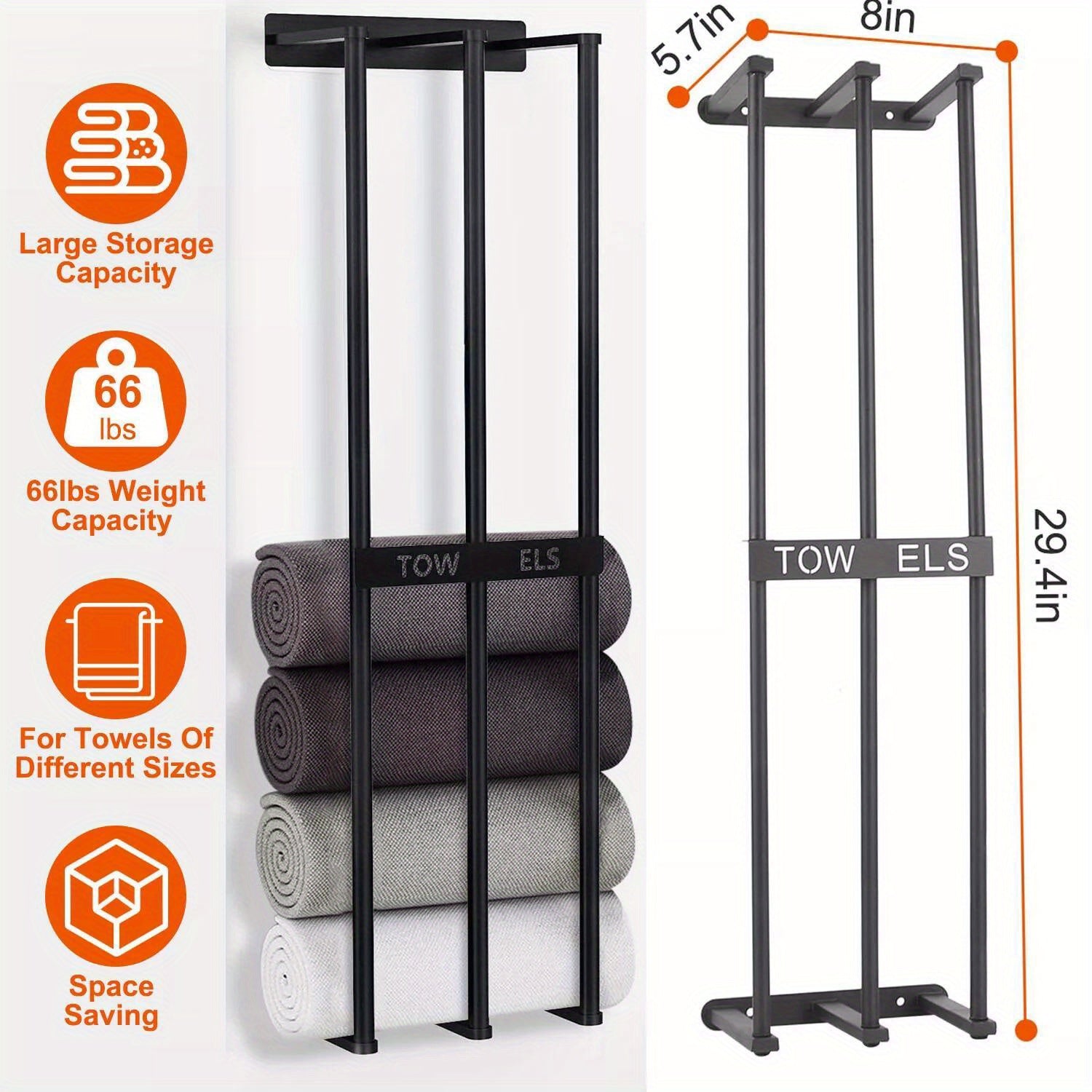 Bathroom Metal Towel Rack Holder Storage with Metal Shelves and Hooks Wall Mounted